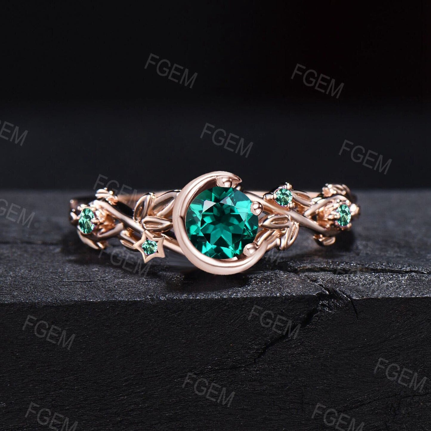 Nature Inspired Green Emerald Engagement Ring 10K Yellow Gold Moon Star Design Round Emerald Promise Ring Branch Leaf Cluster Wedding Ring