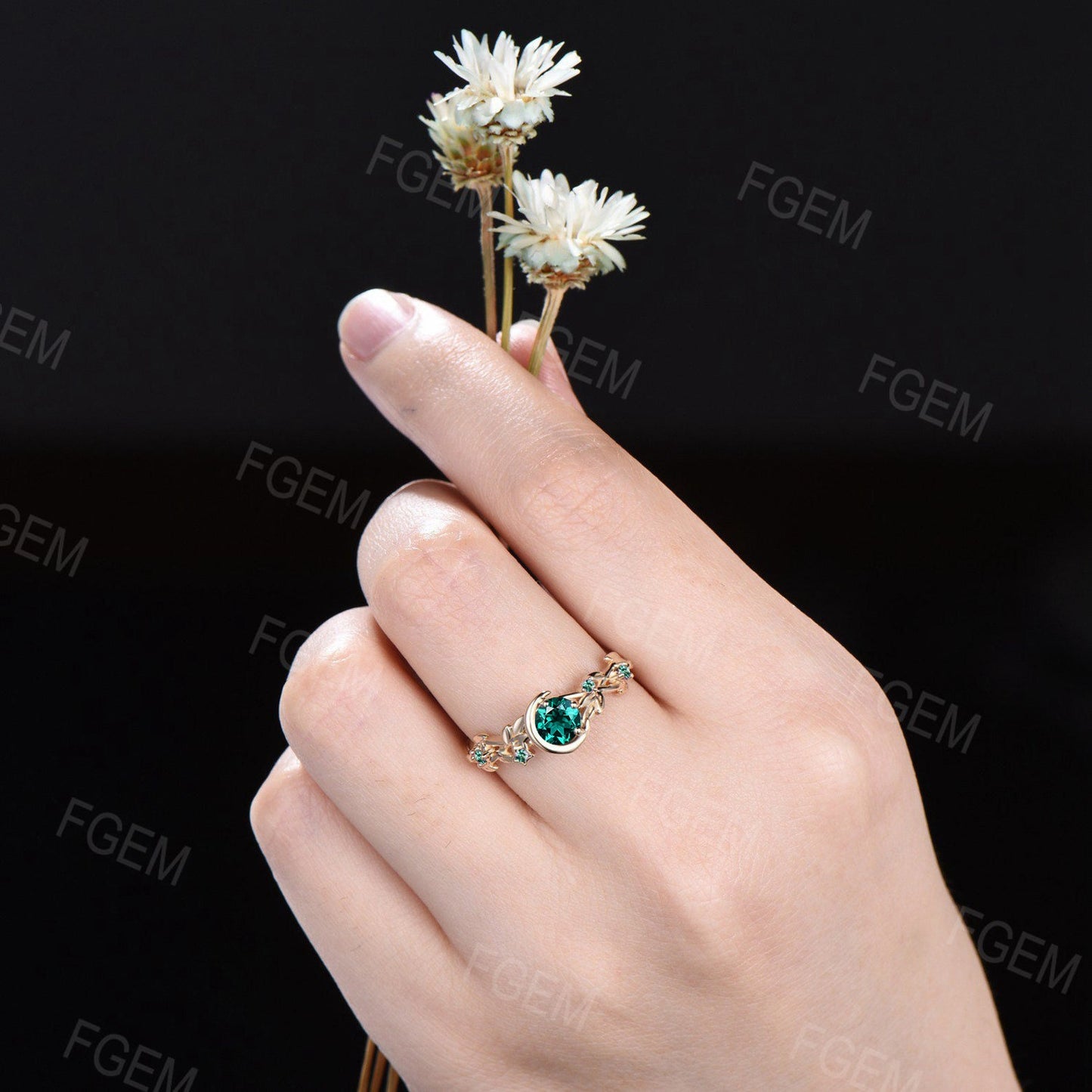 Nature Inspired Green Emerald Engagement Ring 10K Yellow Gold Moon Star Design Round Emerald Promise Ring Branch Leaf Cluster Wedding Ring
