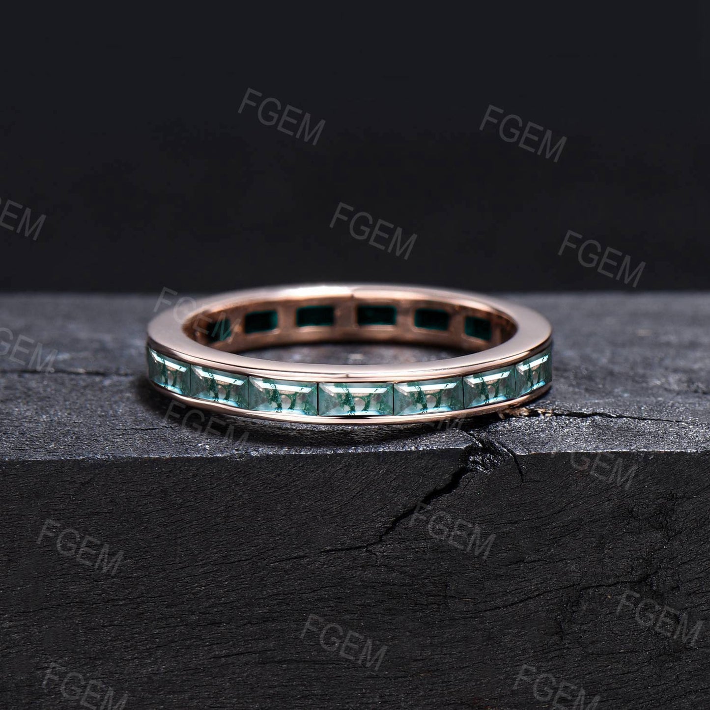 Baguette Cut Natural Moss Agate Wedding Band for Men/Women Vintage 10K/14K/18K Rose Gold Channel Setting Matching Band Mens Moss Agate Ring