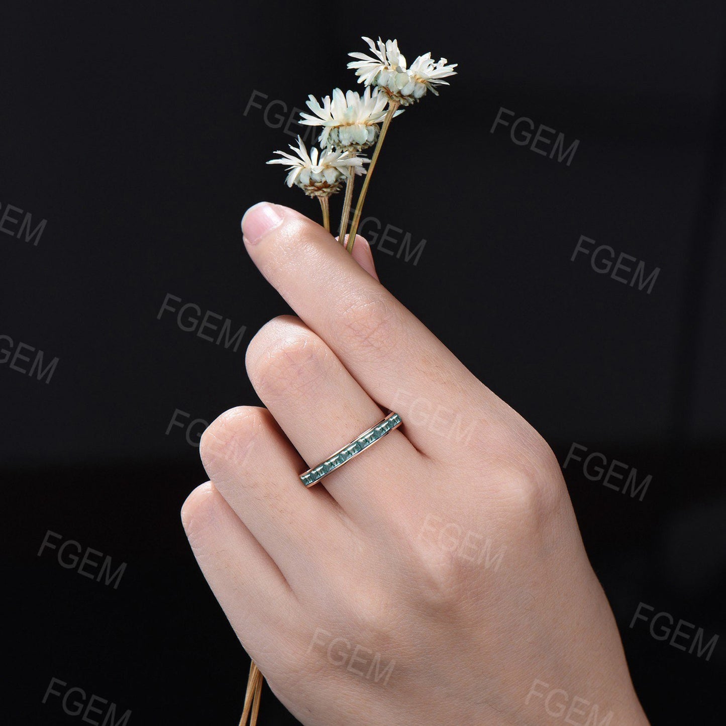 Baguette Cut Natural Moss Agate Wedding Band for Men/Women Vintage 10K/14K/18K Rose Gold Channel Setting Matching Band Mens Moss Agate Ring