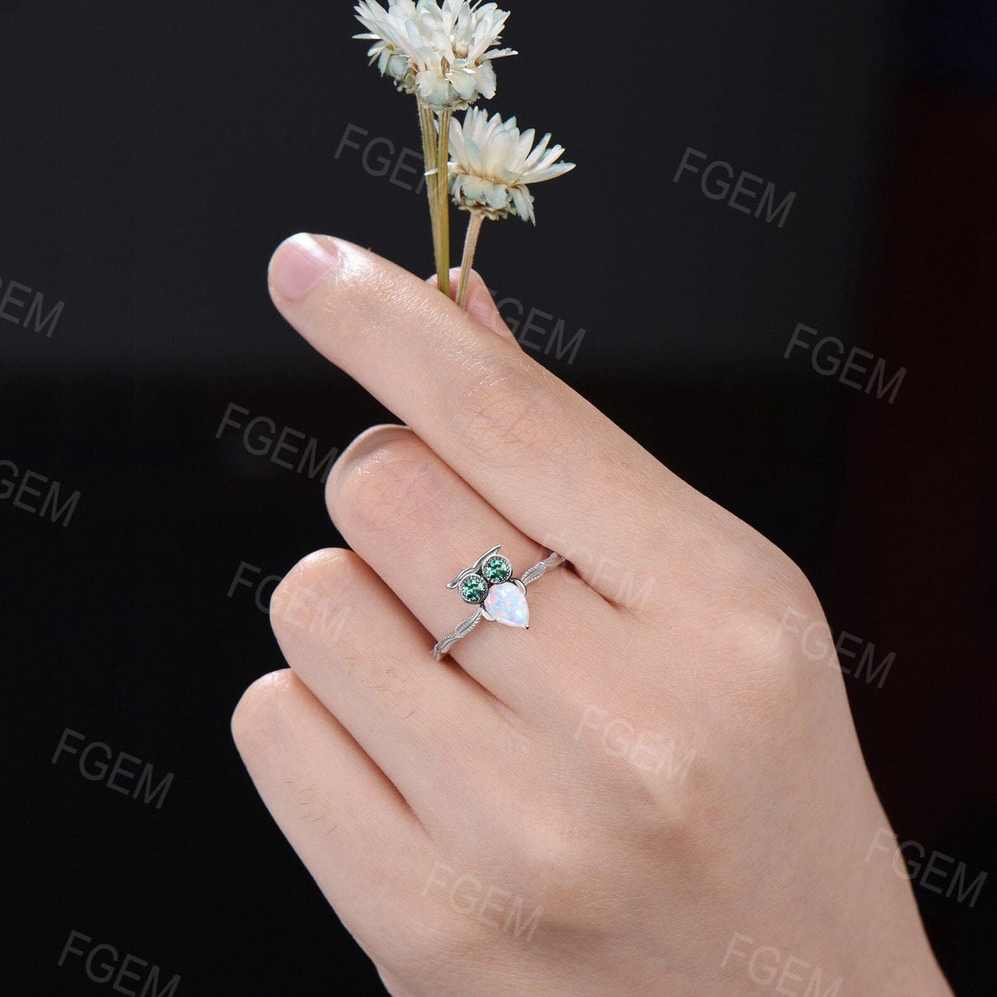 Nature Inspired Pear Cut White Opal Ring Cute Owl Engagement Ring Vintage Unique Green Emerald Wedding Ring Unique Solitaire Promise Rings