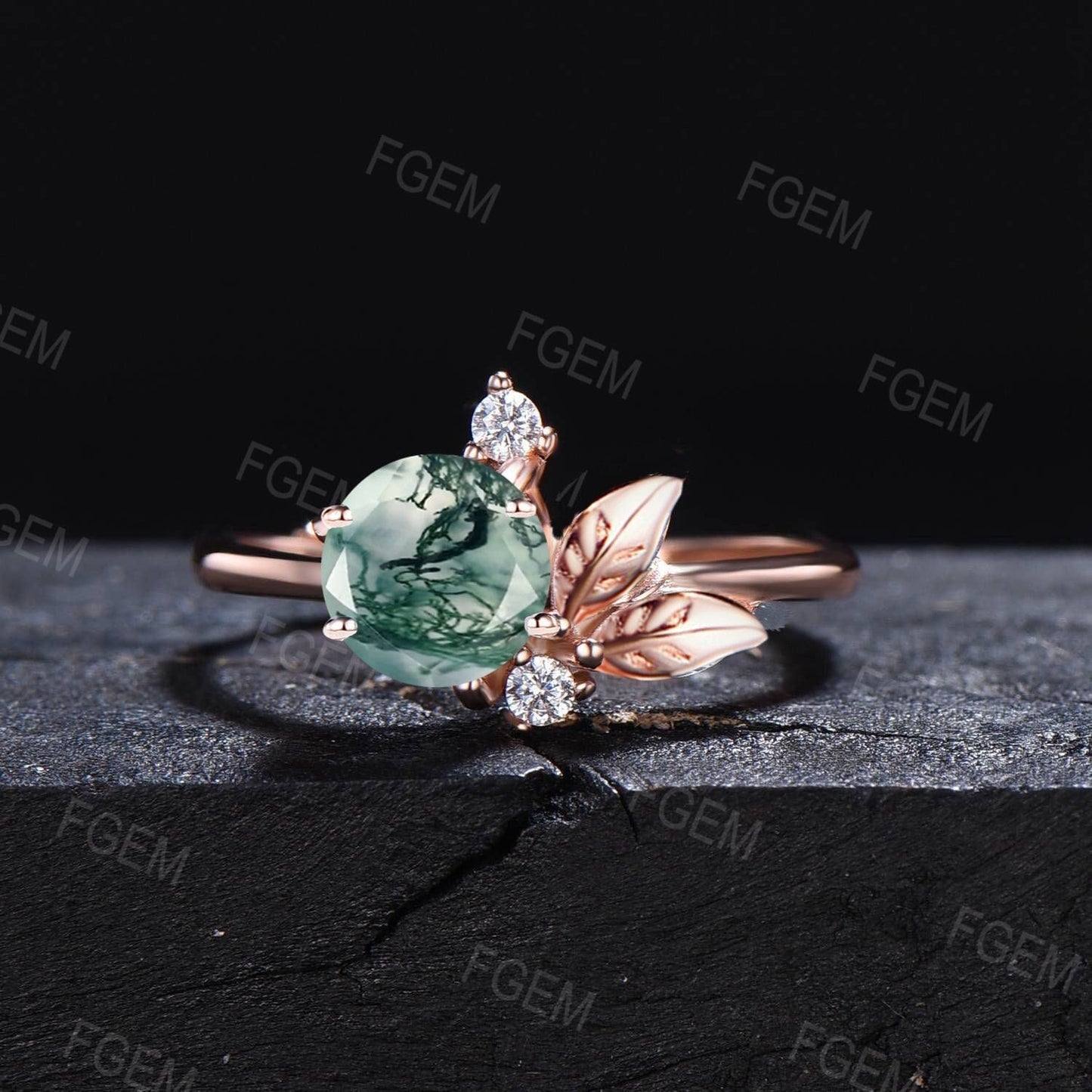 Round Moss Agate Promise Rings 10K Rose Gold Vintage Art Deco Green Gemstone Nature Inspired Leaf Moss Agate Wedding Ring Anniversary Gifts