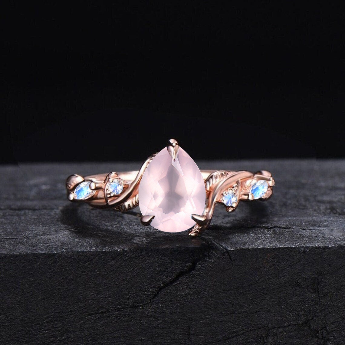 1.25ct Pear Natural Pink Rose Quartz Engagement Ring Cluster Rose Gold Crystal Bridal Set Nature Inspired Rose Quartz Moonstone Wedding Ring
