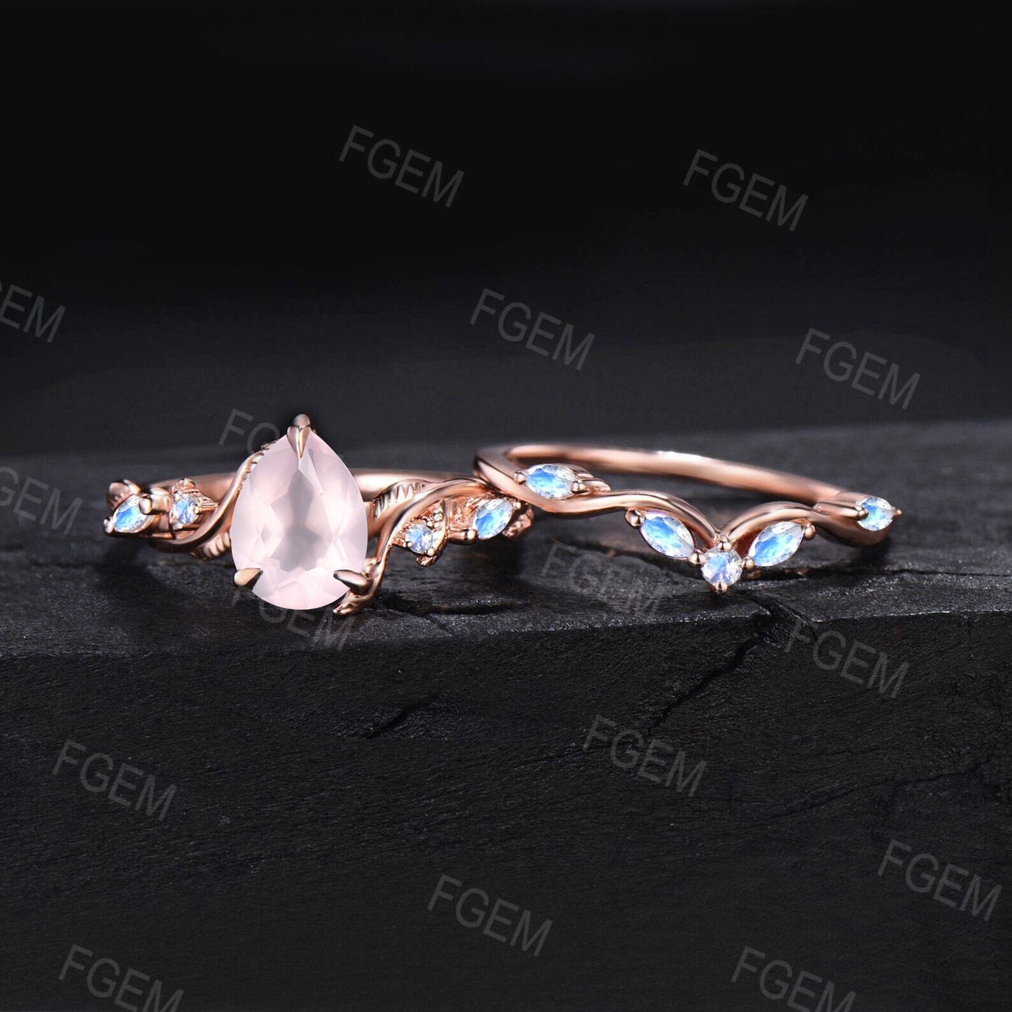 1.25ct Pear Natural Pink Rose Quartz Engagement Ring Cluster Rose Gold Crystal Bridal Set Nature Inspired Rose Quartz Moonstone Wedding Ring