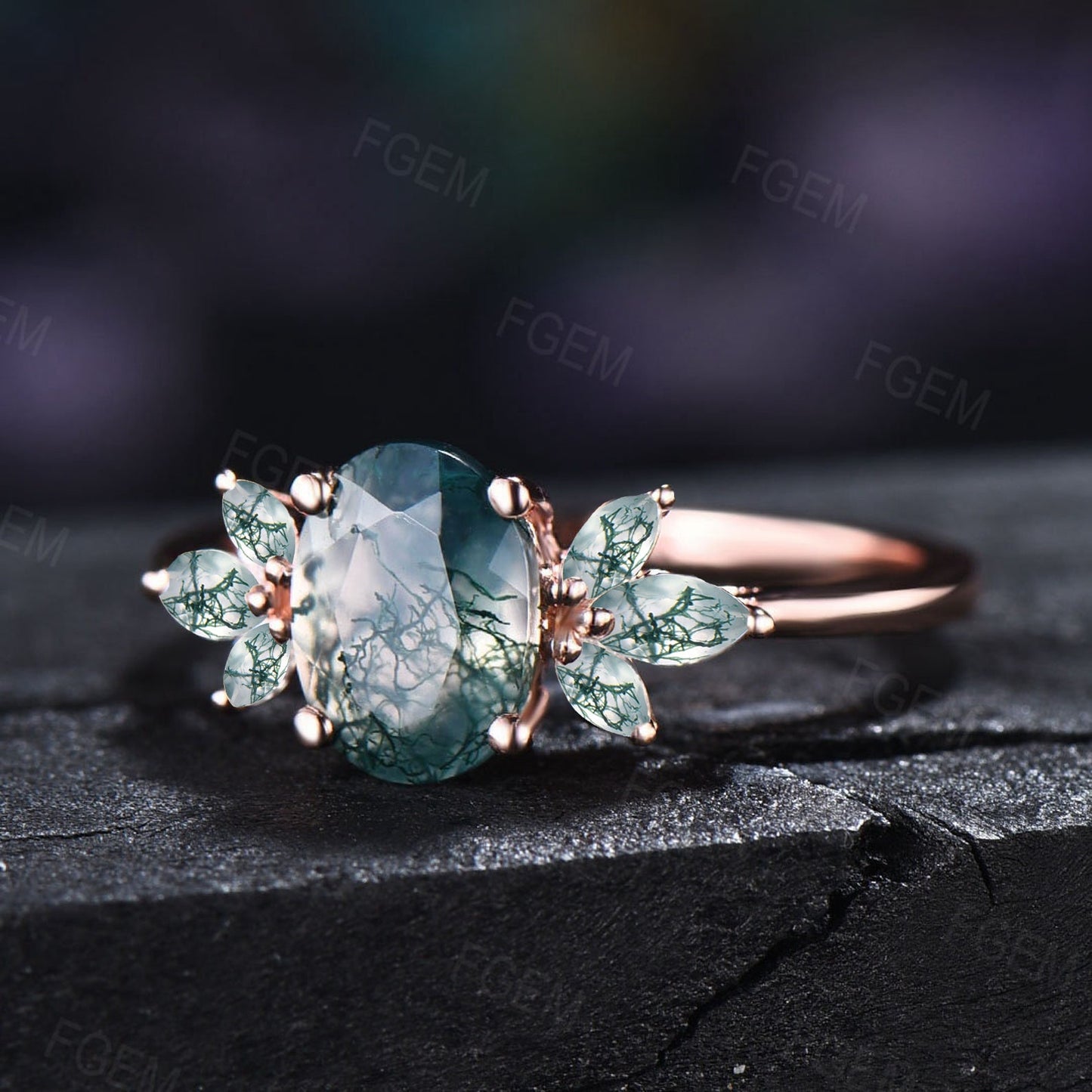 1.5ct Oval Cut Moss Agate Engagement Rings 10K Rose Gold Vintage Marquise Moss Agate Ring Natural Gemstone Ring Anniversary Birthday Gifts