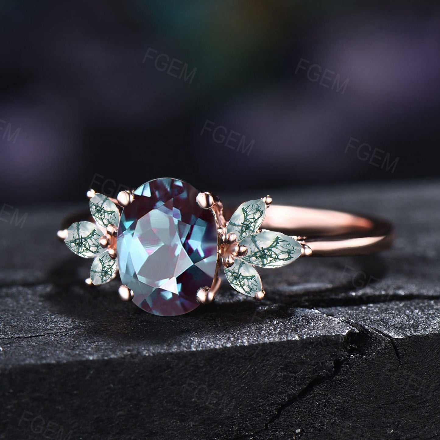 1.5ct Oval Cut Color-Change Alexandrite Cluster Engagement Rings 10K Rose Gold Vintage Marquise Moss Agate Wedding Ring June Birthstone Gift