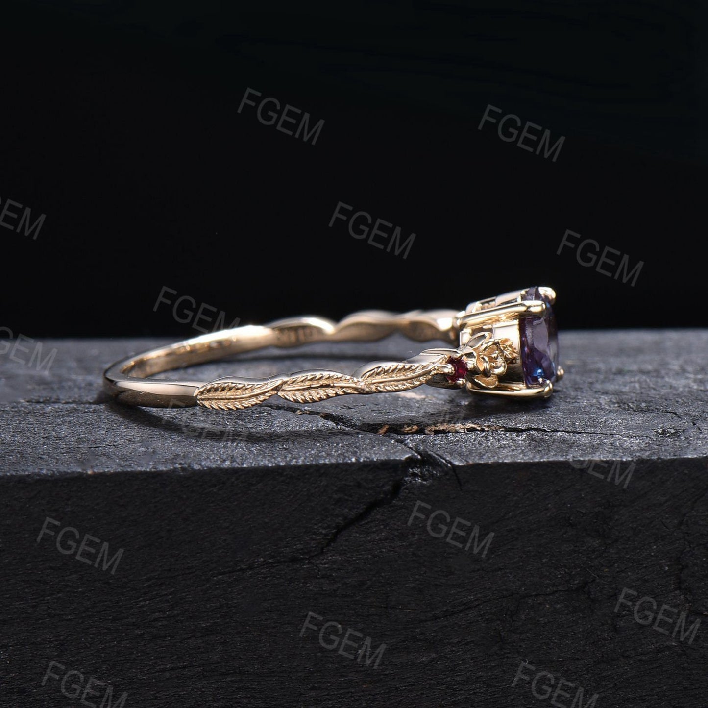 Flower Floral Alexandrite Ruby Wedding Ring Leaf Band Art Deco 6.5mm Round Alexandrite Engagement Ring Unique June Birthstone Birthday Gifts