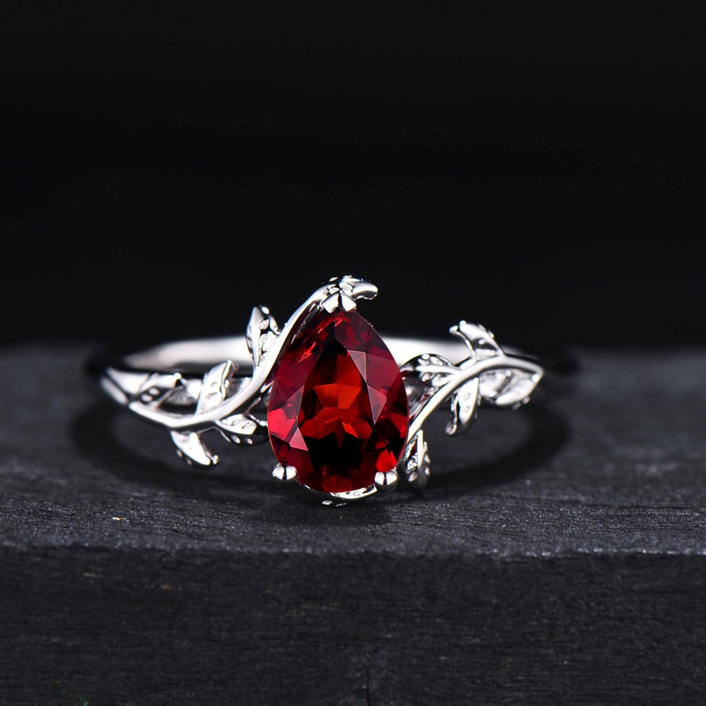 1.25ct Pear Natural Garnet Engagement Ring Red Gemstone Jewelry 10K/14K/18K Rose Gold Twig Leaf Garnet Bridal Set January Birthstone Gifts