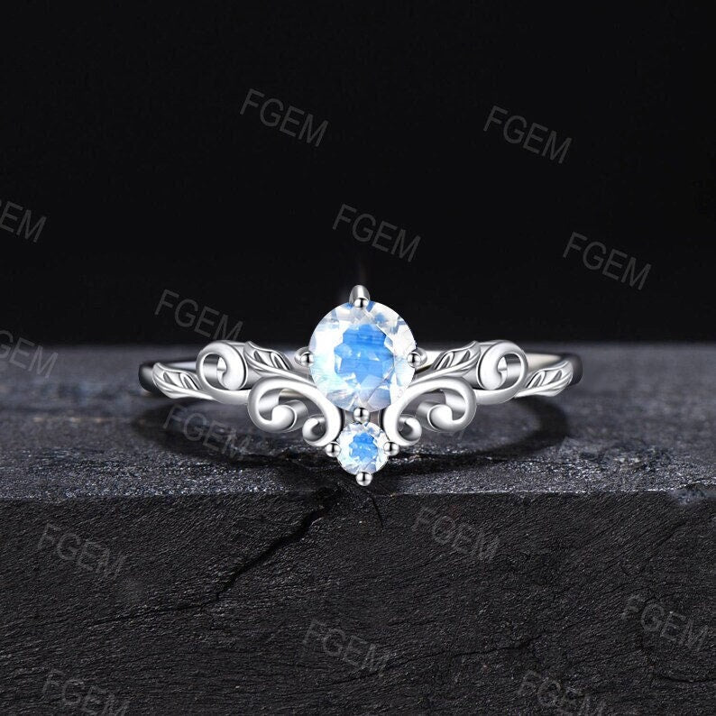 Vintage Pattern 5mm Round Cut Natural Moonstone Wedding Ring 10K White Gold Nature Inspired Leaf Branch Design Blue Moonstone Solitaire Ring