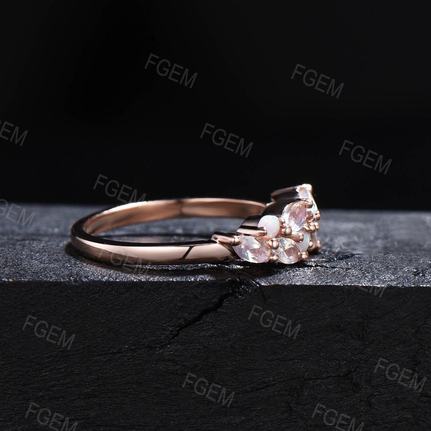 Vintage Moonstone Opal Wedding Band 10K Rose Gold Marquise Cut Moonstone Cluster Wedding Ring Matching Stacking Band Opal Half Eternity Ring