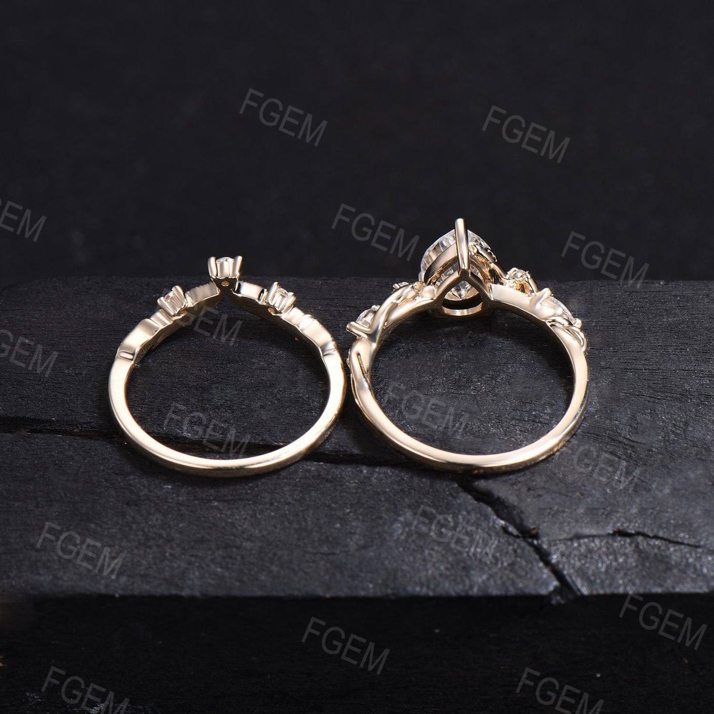 1.25ct Pear Moissanite Engagement Ring Set 14K Solid Yellow Gold Nature Inspired Moissanite Diamond Bridal Set Leaf Vine Branch Wedding Ring