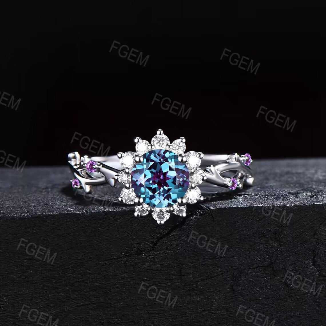 Sunflower Engagement Ring Round Color-Change Alexandrite Twig Wedding Ring 10K White Gold Nature Inspired Leaf Floral Cluster Emerald Rings
