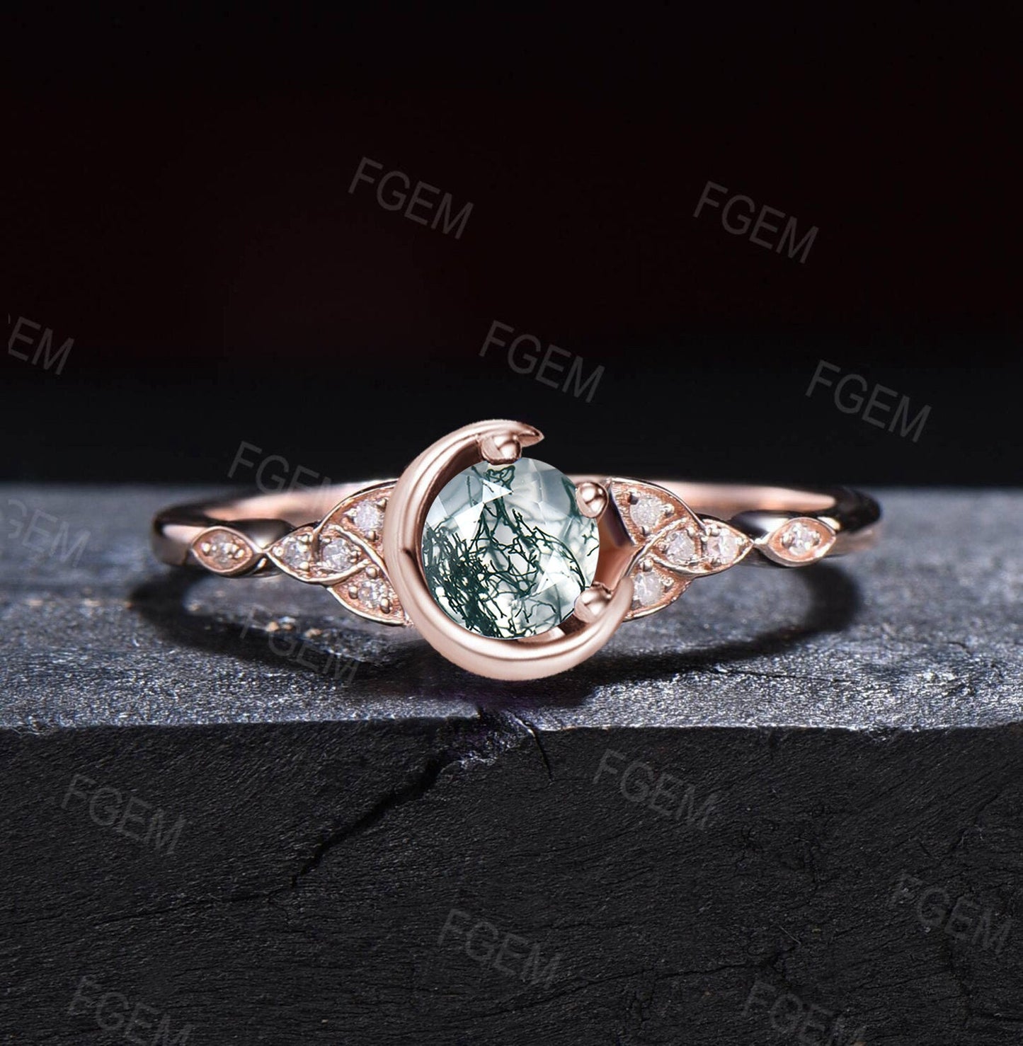 5mm Round Natural Green Moss Agate Celestial Moon Wedding Ring Celtic Knot Trinity Band 10K Rose Gold Moissanite Aquatic Agate Bridal Ring