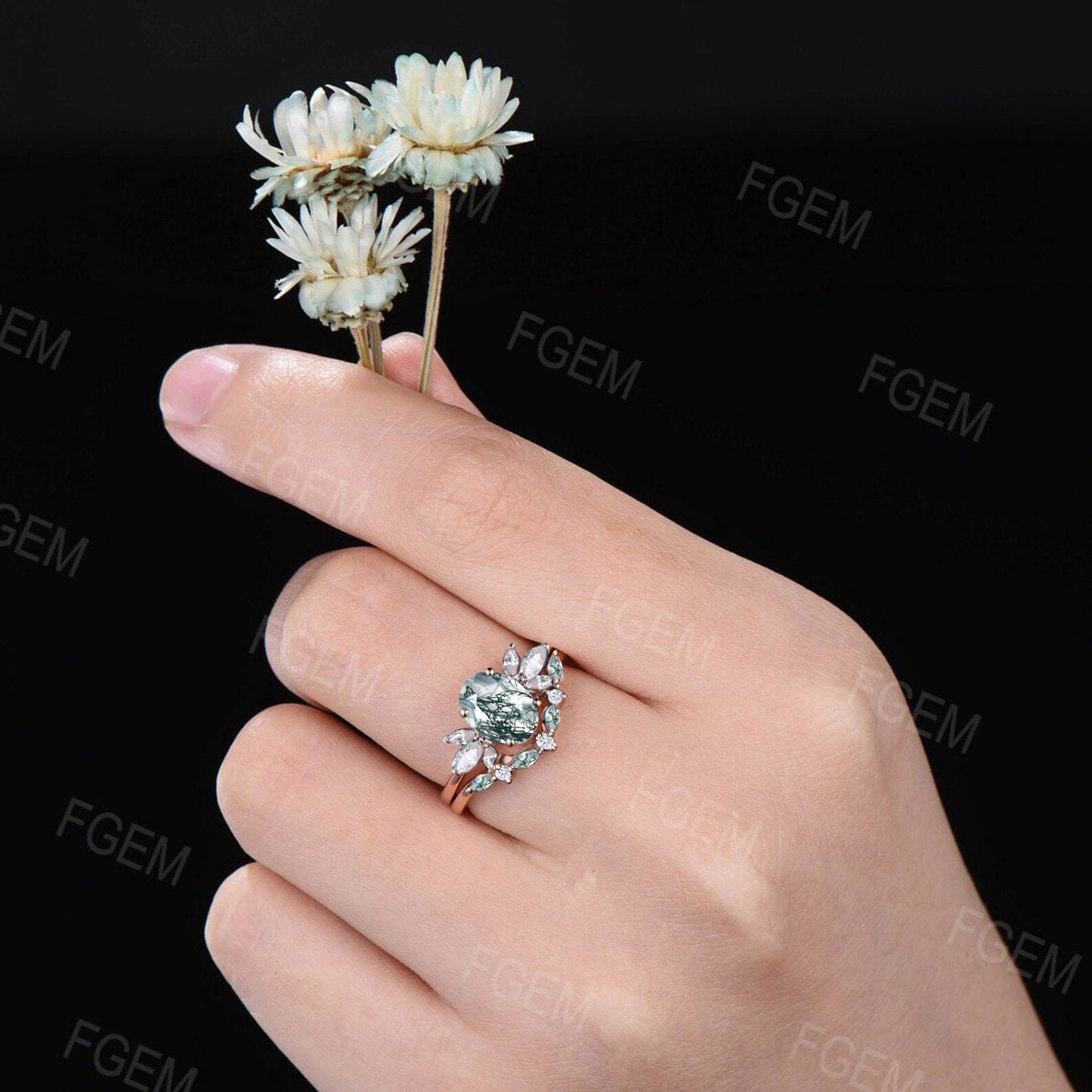 Unique 1.5ct Oval Natural Moss Agate Engagement Ring Set Cluster Moissanite Wedding Ring Vintage 10K Rose Gold Green Agate Stone Bridal Sets
