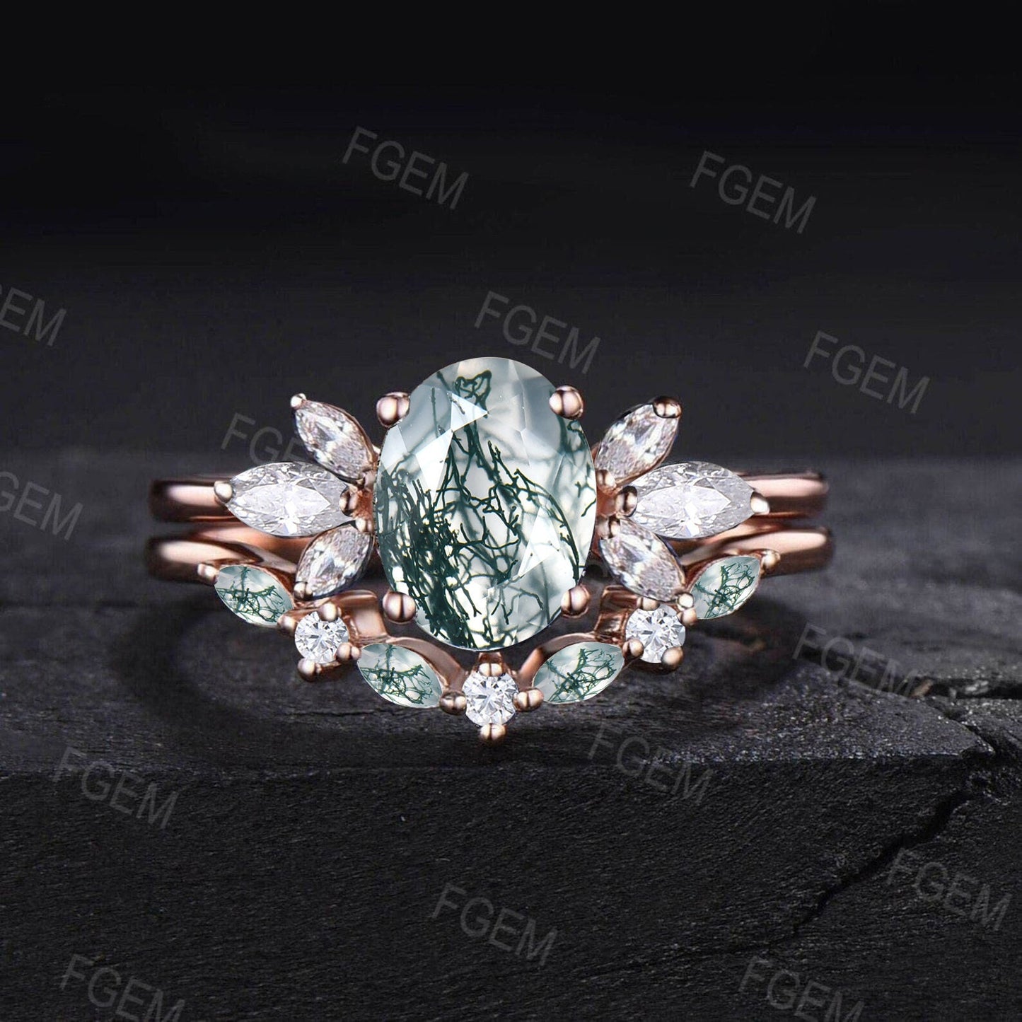 Unique 1.5ct Oval Natural Moss Agate Engagement Ring Set Cluster Moissanite Wedding Ring Vintage 10K Rose Gold Green Agate Stone Bridal Sets