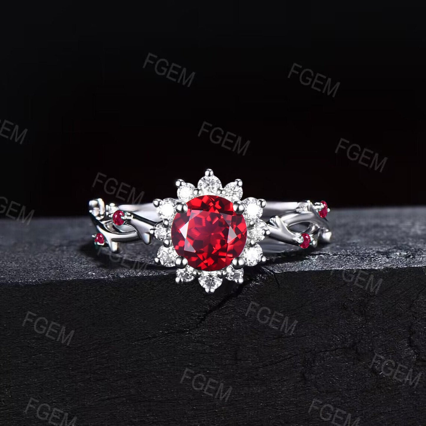 Sunflower Ruby Halo Engagement Ring Vintage Twig Vine Round Wedding Ring Sterling Silver Nature Inspired Floral Ruby Moissanite Promise Ring