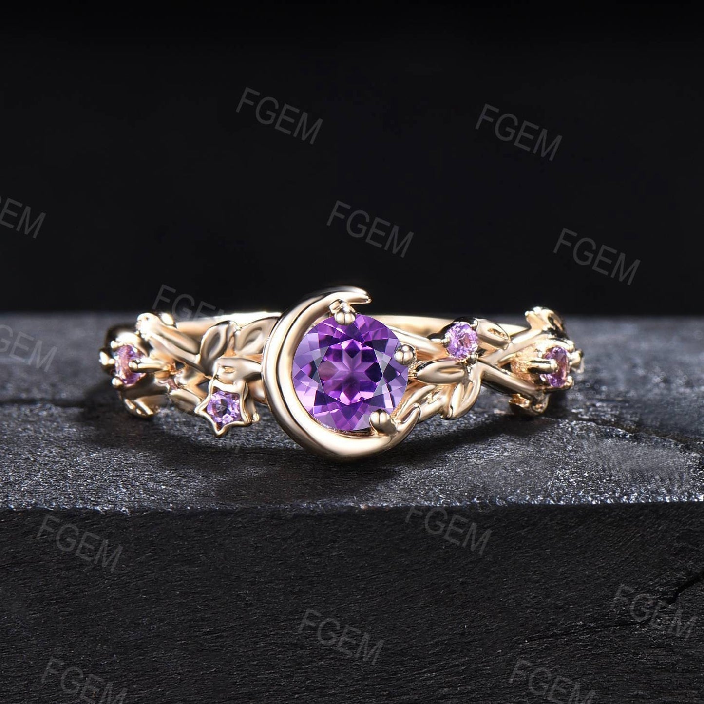 Nature Inspired Natural Amethyst Engagement Ring Moon Star Design Purple Crystal 5mm Round Amethyst Wedding Ring February Birthstone Gifts