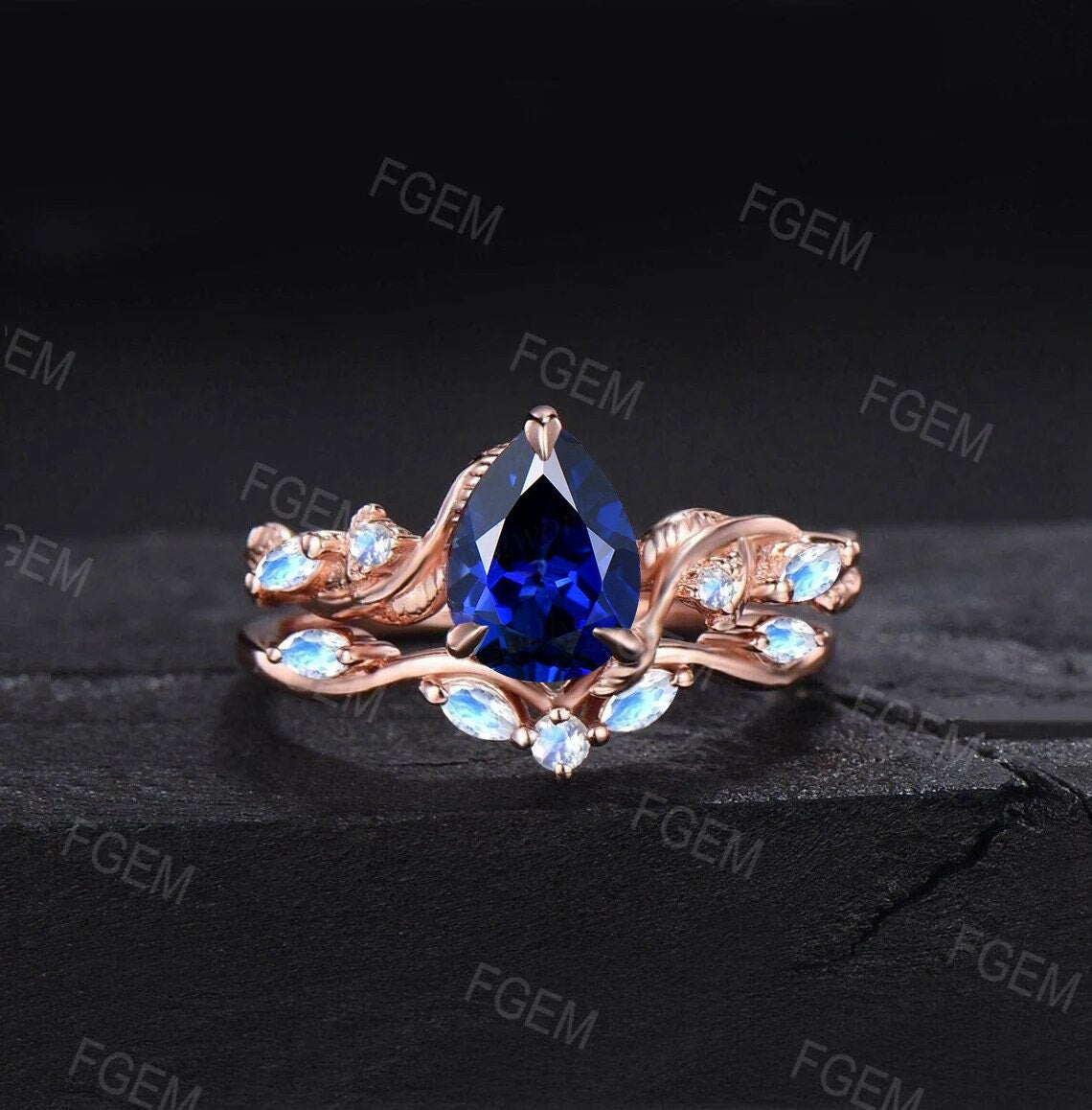 Nature Inspired Blue Sapphire Leaf Engagement Ring 1.25ct Pear Cut Blue Sapphire Bridal Set Branch Vine Twig Natural Moonstone Wedding Rings