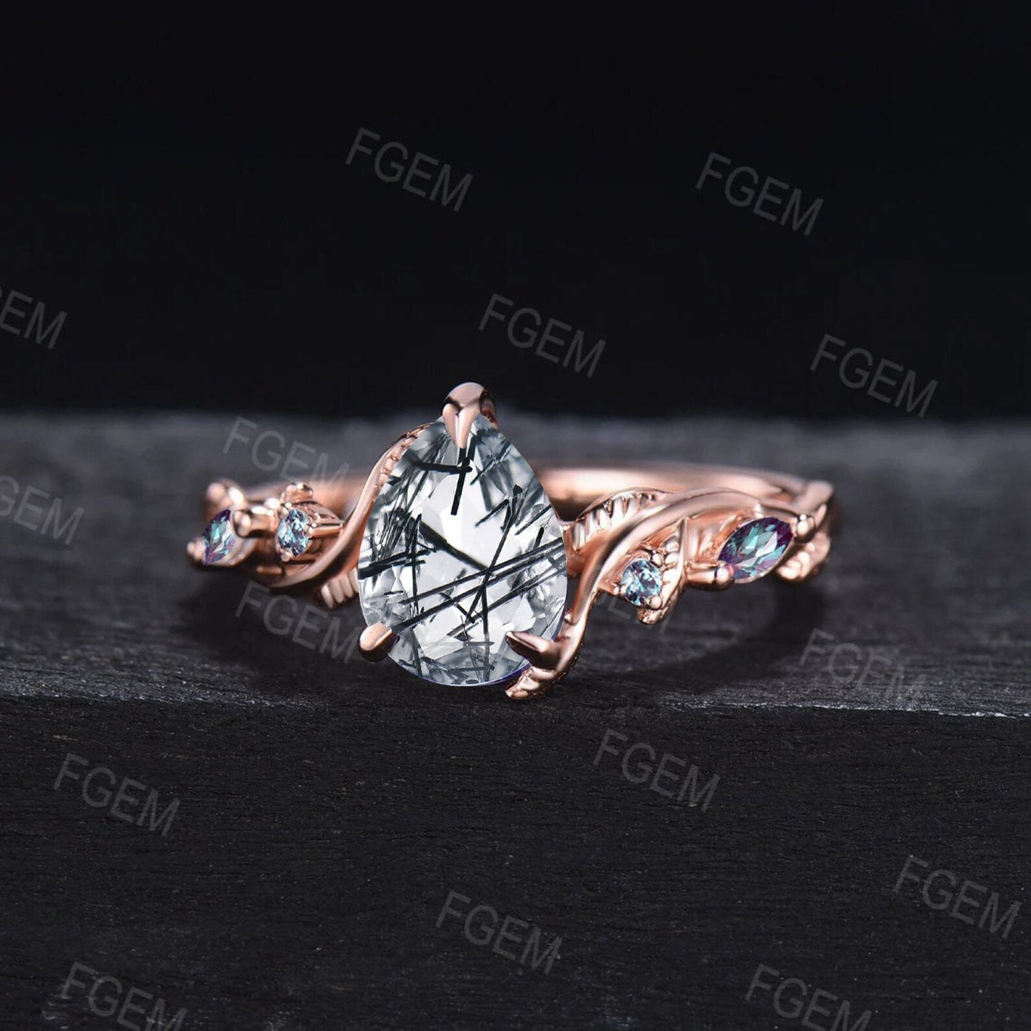 1.25ct Teardrop Natural Black Rutilated Quartz Ring Pear Cut Black Quartz Ring Cluster Alexandrite Leaf Wedding Ring Nature Engagement Ring