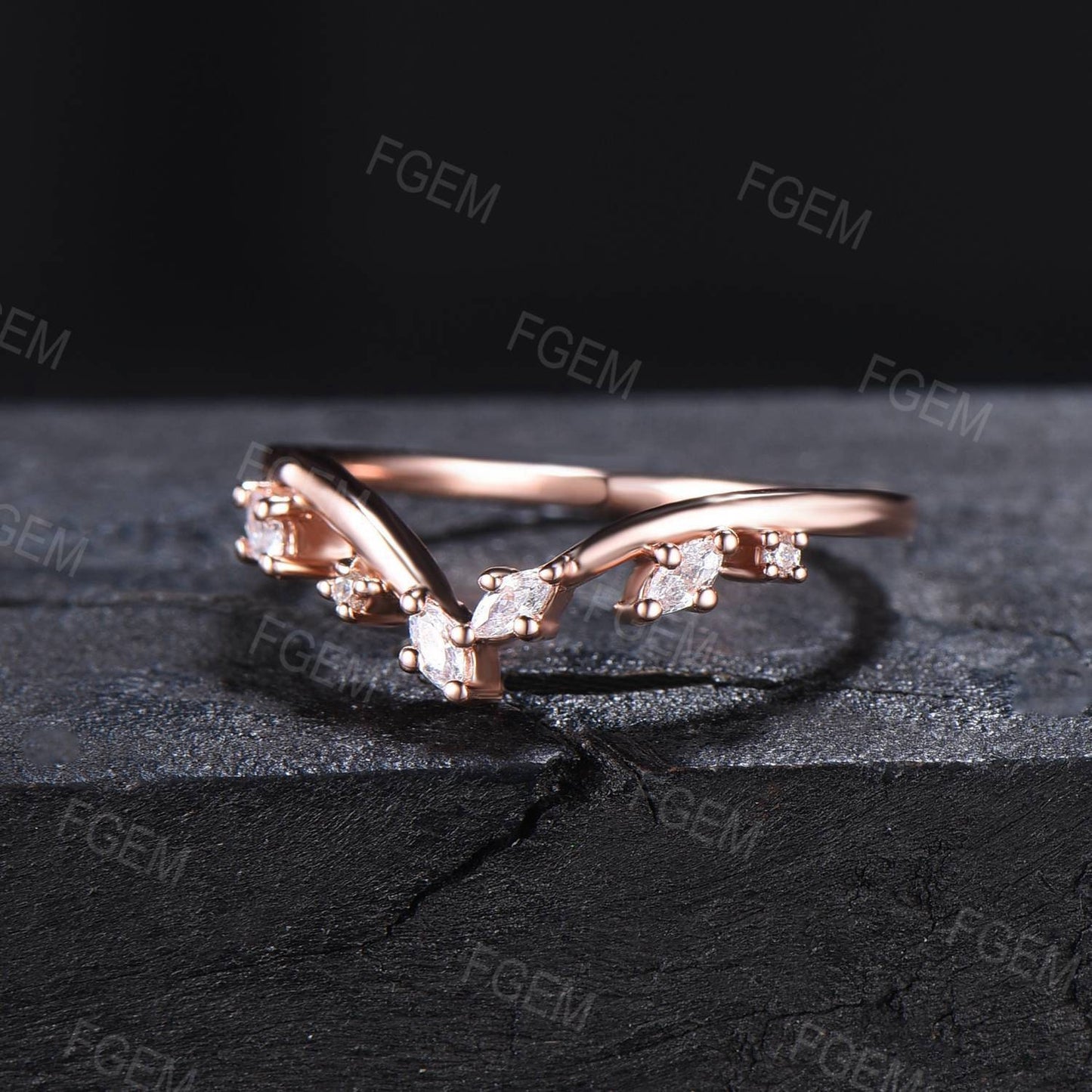 Curved Moissanite Diamond Contour Wedding Band 14k Rose Gold Cluster Marquise moissanite Nature Wedding Ring Nesting Band Vintage Anniversary Gift