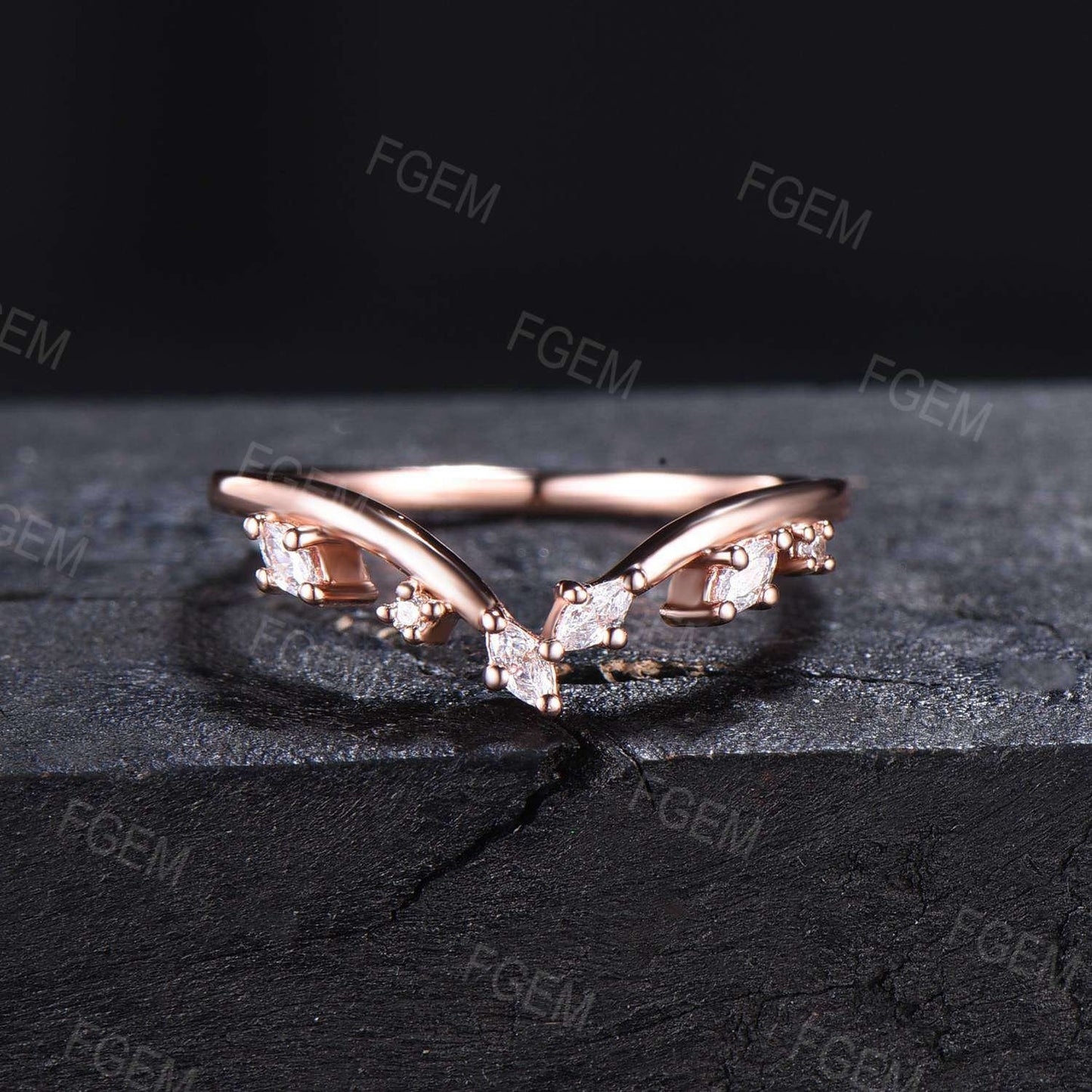 Curved Moissanite Diamond Contour Wedding Band 14k Rose Gold Cluster Marquise moissanite Nature Wedding Ring Nesting Band Vintage Anniversary Gift