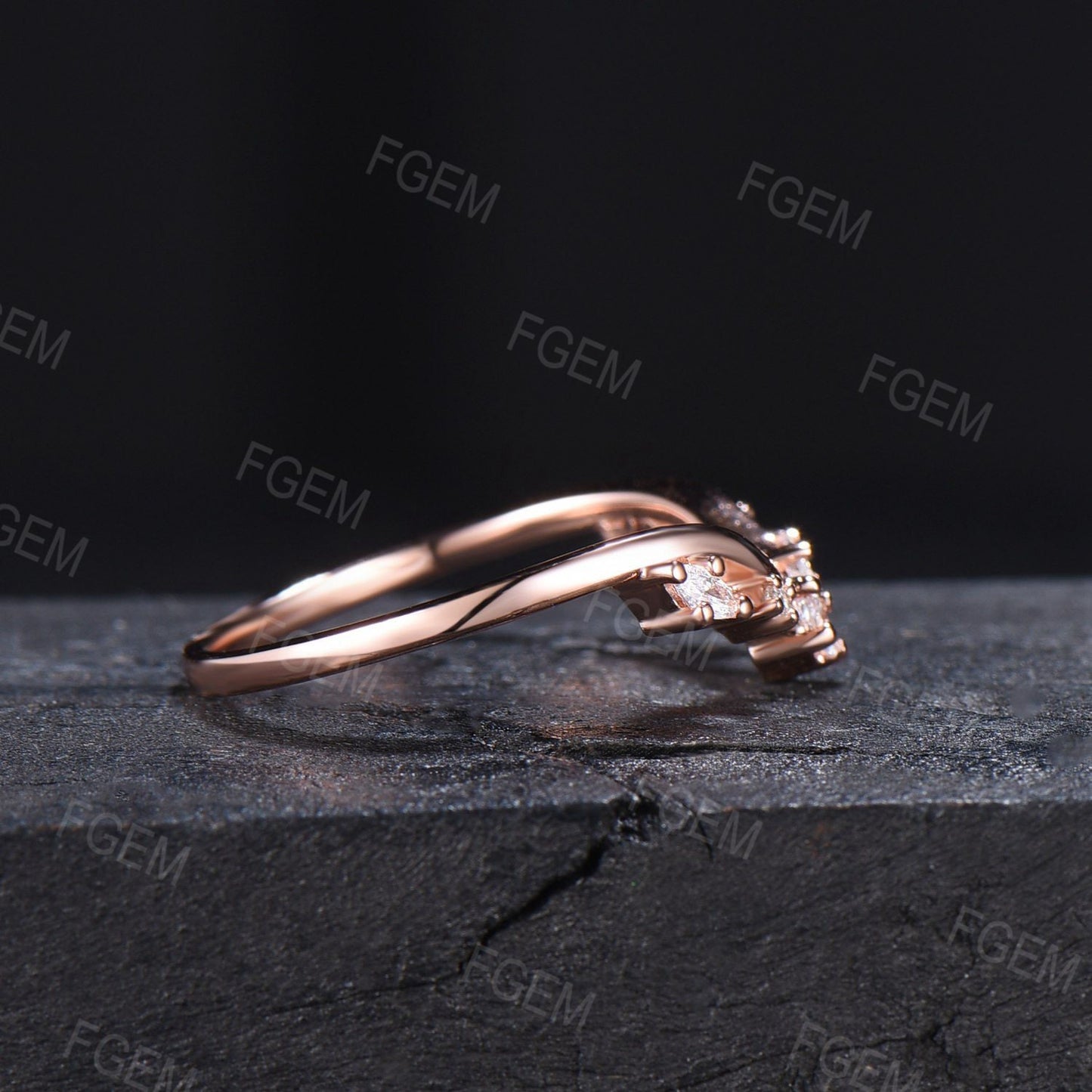 Curved Moissanite Diamond Contour Wedding Band 14k Rose Gold Cluster Marquise moissanite Nature Wedding Ring Nesting Band Vintage Anniversary Gift