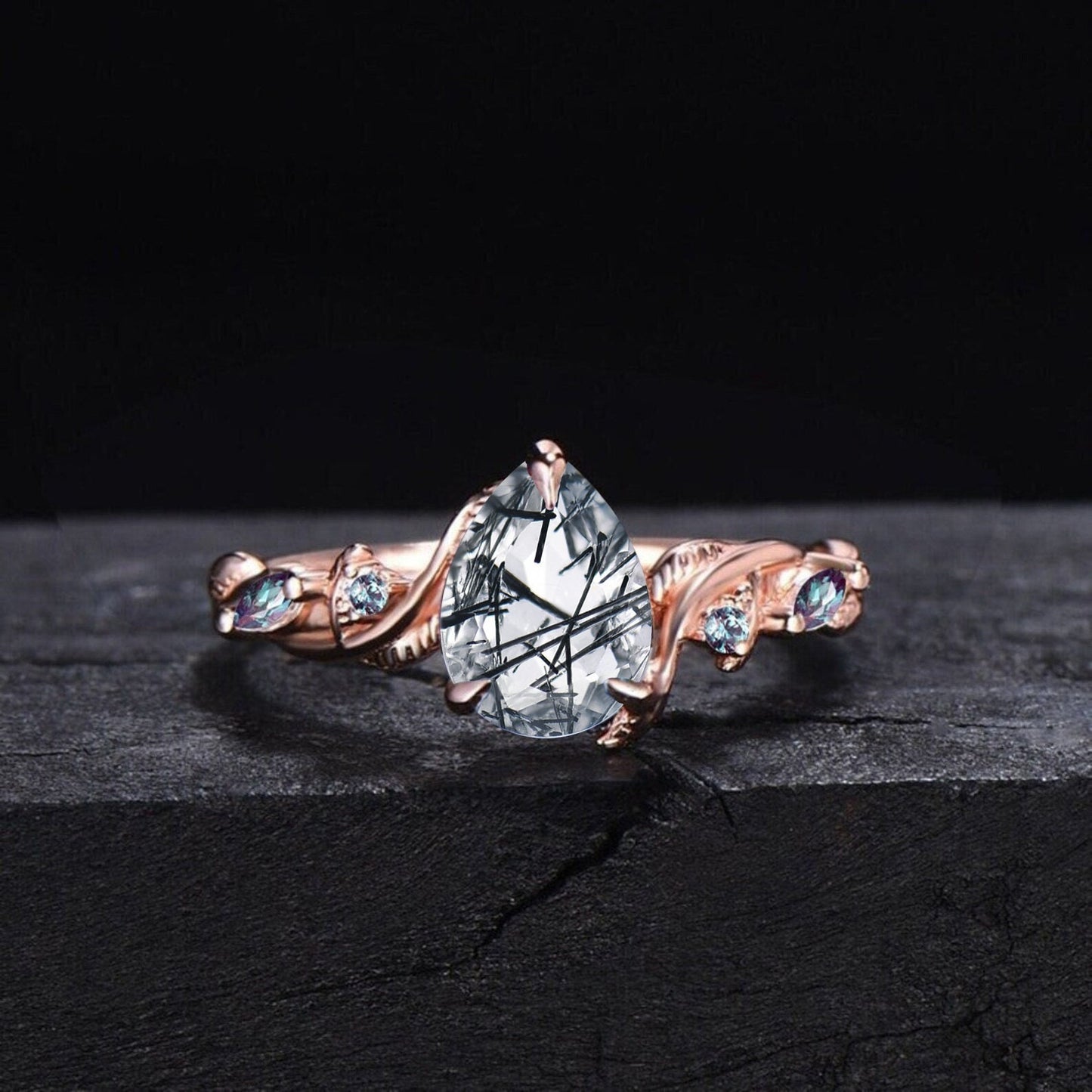 1.25ct Teardrop Natural Black Rutilated Quartz Ring Pear Cut Black Quartz Ring Cluster Alexandrite Leaf Wedding Ring Nature Engagement Ring