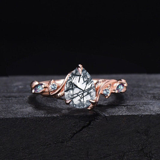 1.25ct Teardrop Natural Black Rutilated Quartz Ring Pear Cut Black Quartz Ring Cluster Alexandrite Leaf Wedding Ring Nature Engagement Ring