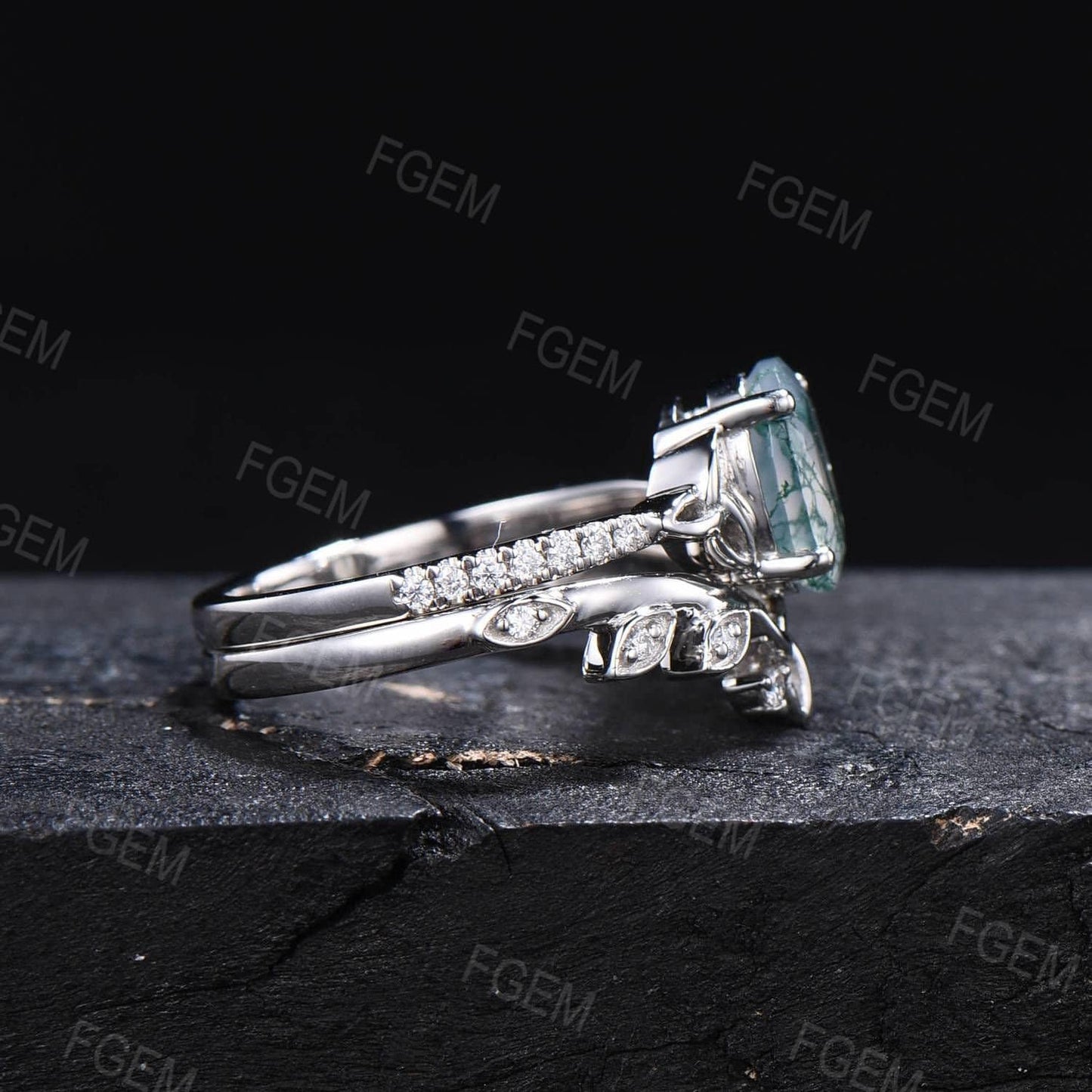 Oval Cut Natural Moss Agate Engagement Ring Set Platinum Ring Green Gemstone Jewelry Celtic Knot Triquetra Moissanite Moss Bridal Ring Set