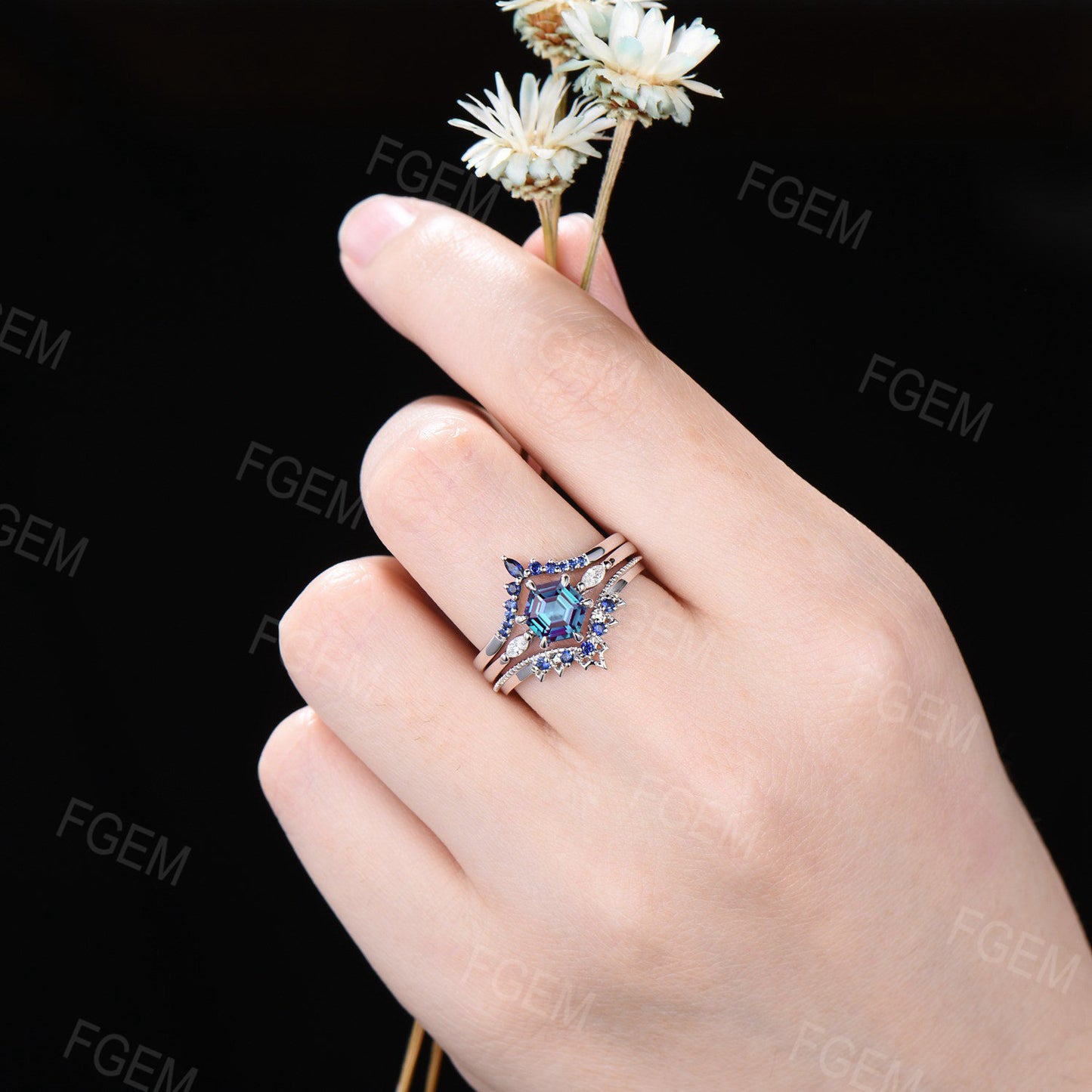 1ct Hexagon Cut Color-Change Alexandrite Ring Set Sterling Silver Alexandrite Blue Sapphire Wedding Ring June Birthstone Promise Ring Gifts
