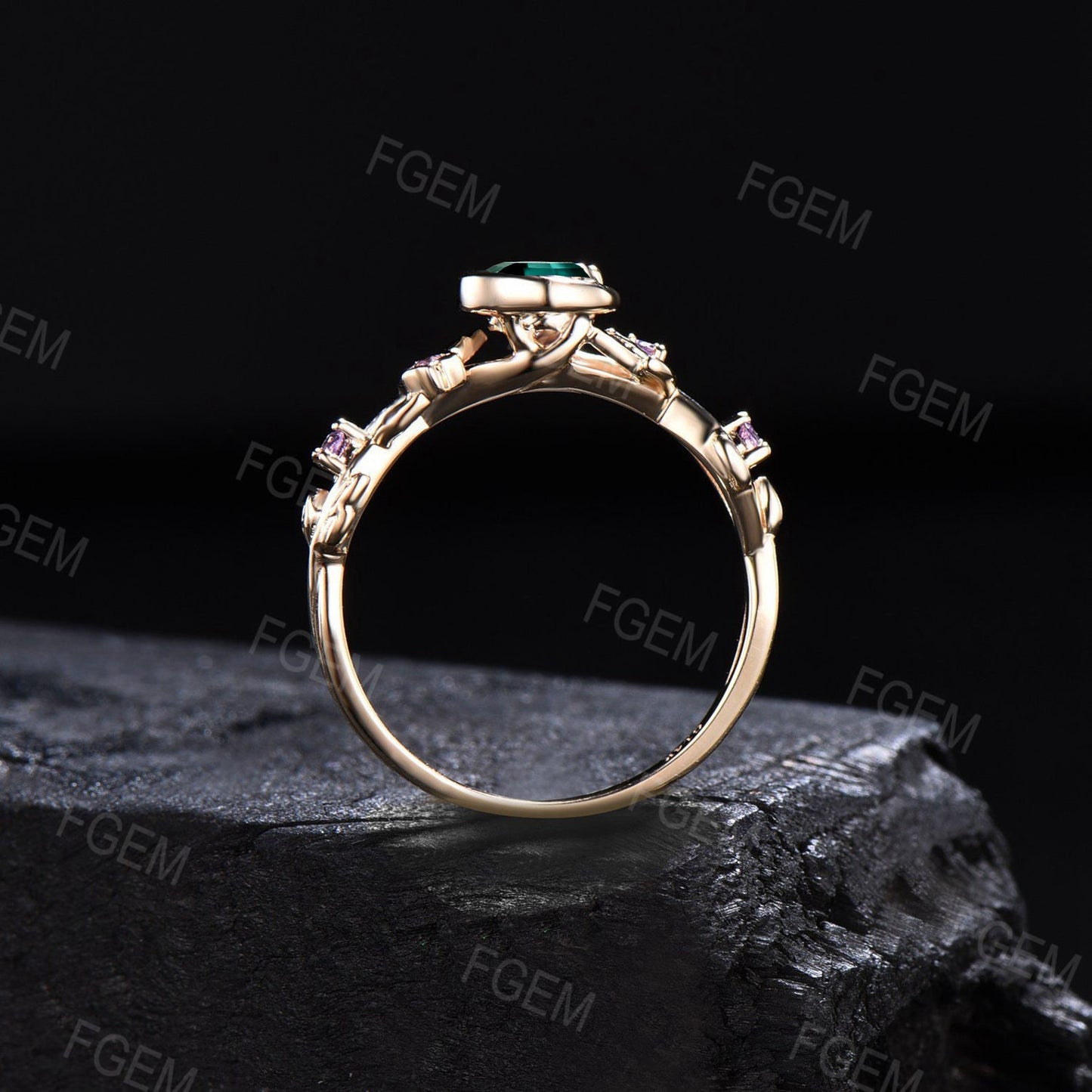 Nature Inspired Green Emerald Engagement Ring 10K Yellow Gold Moon Star Design Round Emerald Promise Ring Branch Leaf Cluster Wedding Ring
