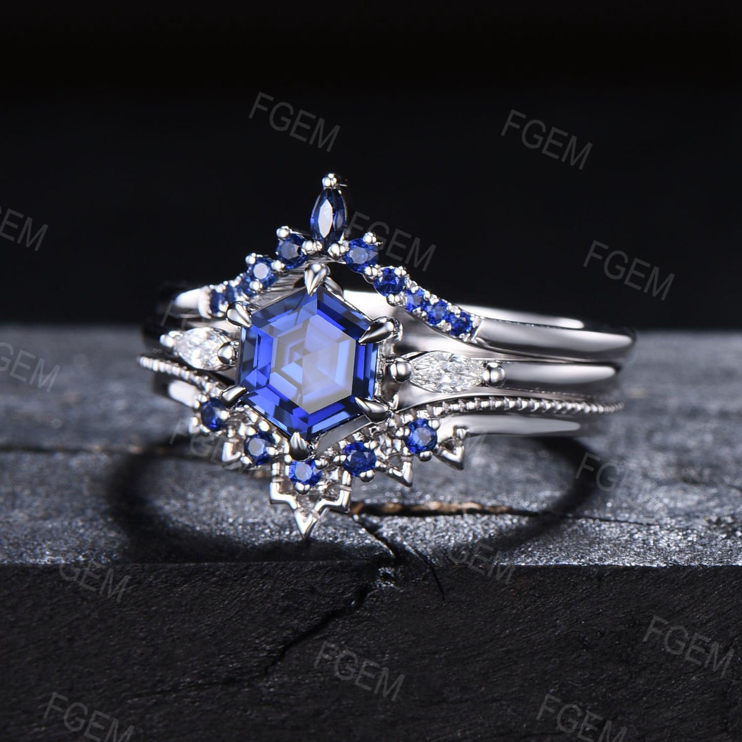 Sterling Silver Blue Sapphire Engagement Ring Vintage 1ct Hexagon Bridal Set September Birthstone Promise Ring Blue Gemstone Jewelry Women