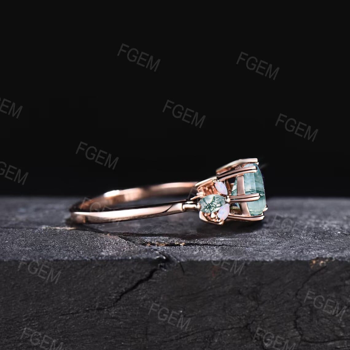 Vintage 1ct Hexagon Moss Agate Ring,Silver Rose Gold,Moss Agate Engagement Ring,Marquise Opal Moss Agate Cluster Ring,Anniversary Ring Gift