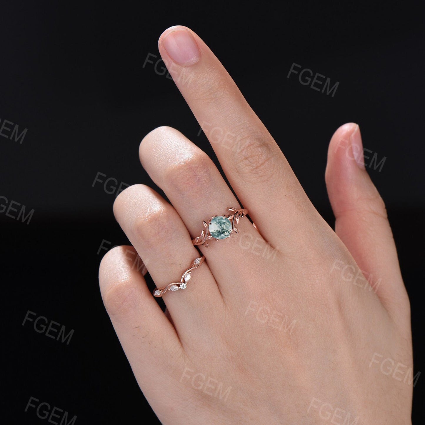 1ct Round Cut Natural Green Moss Agate Bridal Set 14K Rose Gold Branch Solitaire Rings Unique Curve Moissanite Wedding Band Anniversary Gift
