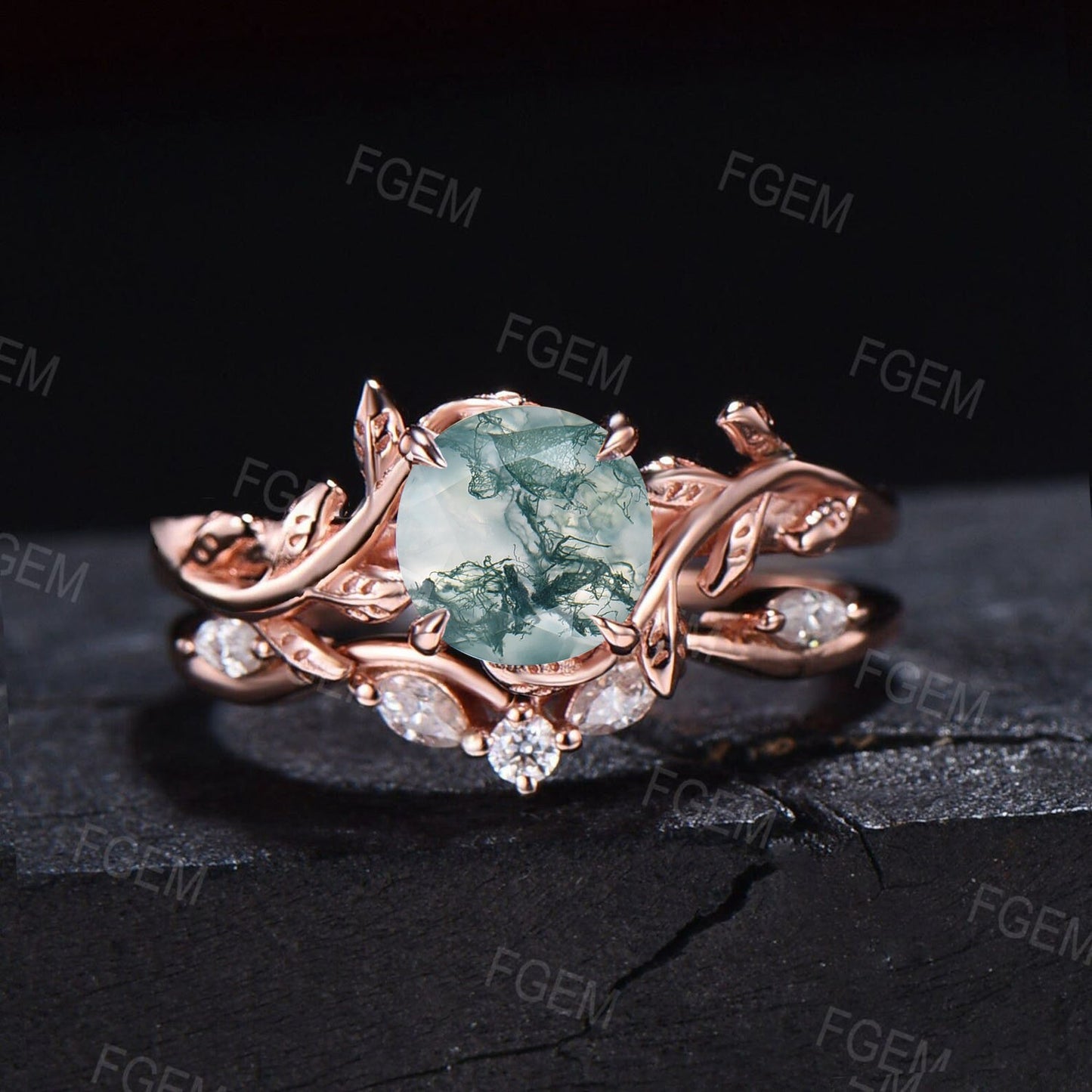 1ct Round Cut Natural Green Moss Agate Bridal Set 14K Rose Gold Branch Solitaire Rings Unique Curve Moissanite Wedding Band Anniversary Gift