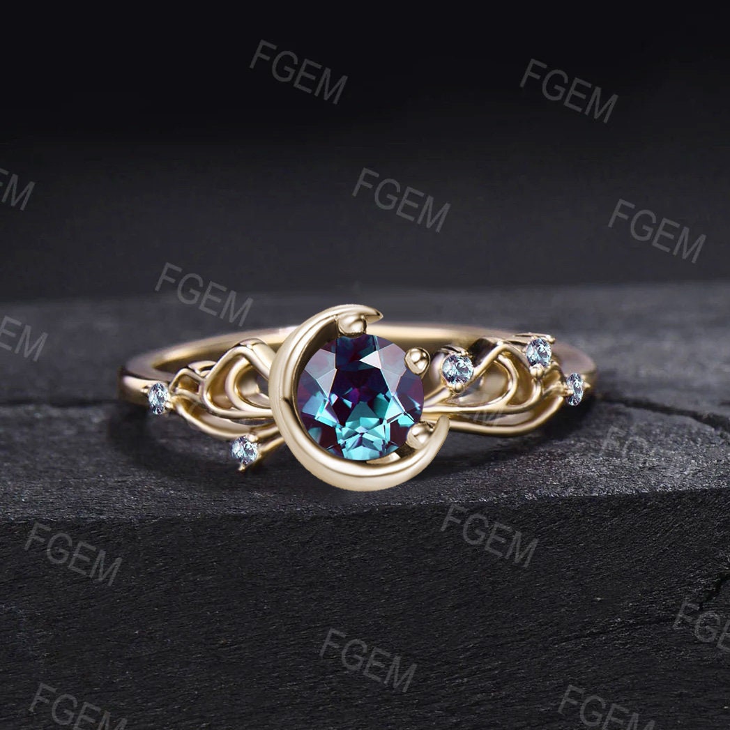 Sailor Moon Inspired Engagement Rings 10K Rose Gold Bowknot Design Color-Change Alexandrite Crescent Moon Wedding Rings June Birthstone Gift