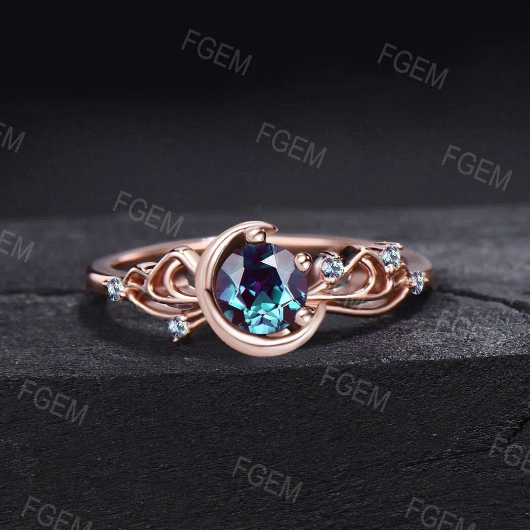 Sailor Moon Inspired Engagement Rings 10K Rose Gold Bowknot Design Color-Change Alexandrite Crescent Moon Wedding Rings June Birthstone Gift