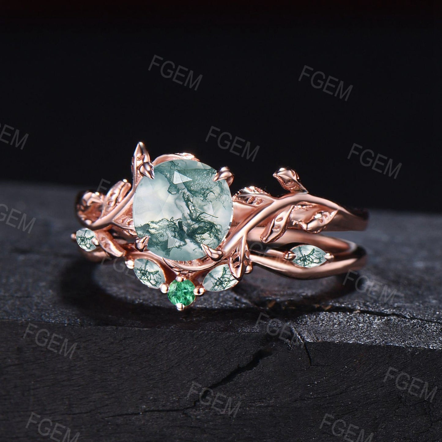 1ct Round Cut Natural Green Moss Agate Bridal Set 14K Rose Gold Branch Solitaire Rings Unique Curve Moss Agate Wedding Band Anniversary Gift