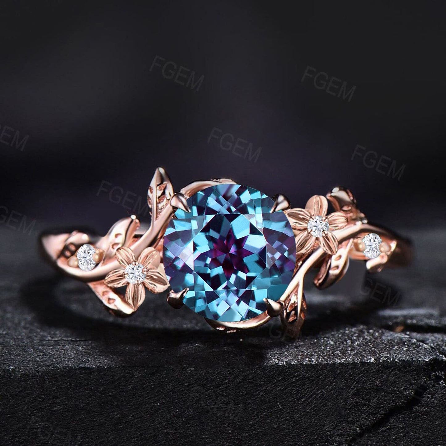 Nature Inspired Flower Color-Change Alexandrite Engagement Ring 1ct Round Branch Cluster Alexandrite Floral Wedding Ring Unique Promise Gift