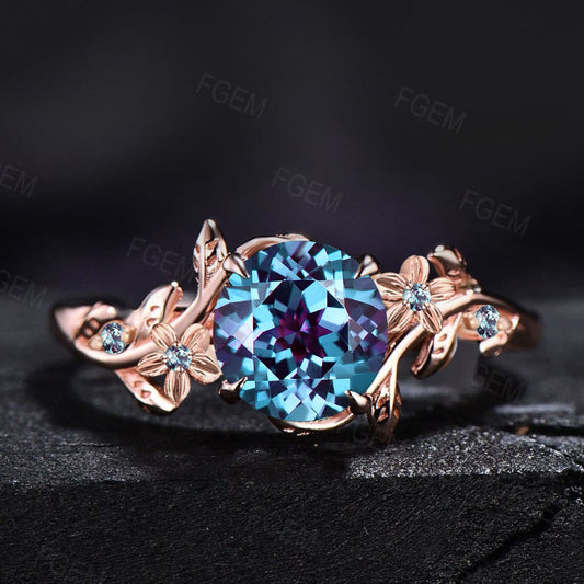 Nature Inspired Flower Color-Change Alexandrite Engagement Ring 1ct Round Branch Cluster Alexandrite Floral Wedding Ring Unique Promise Gift