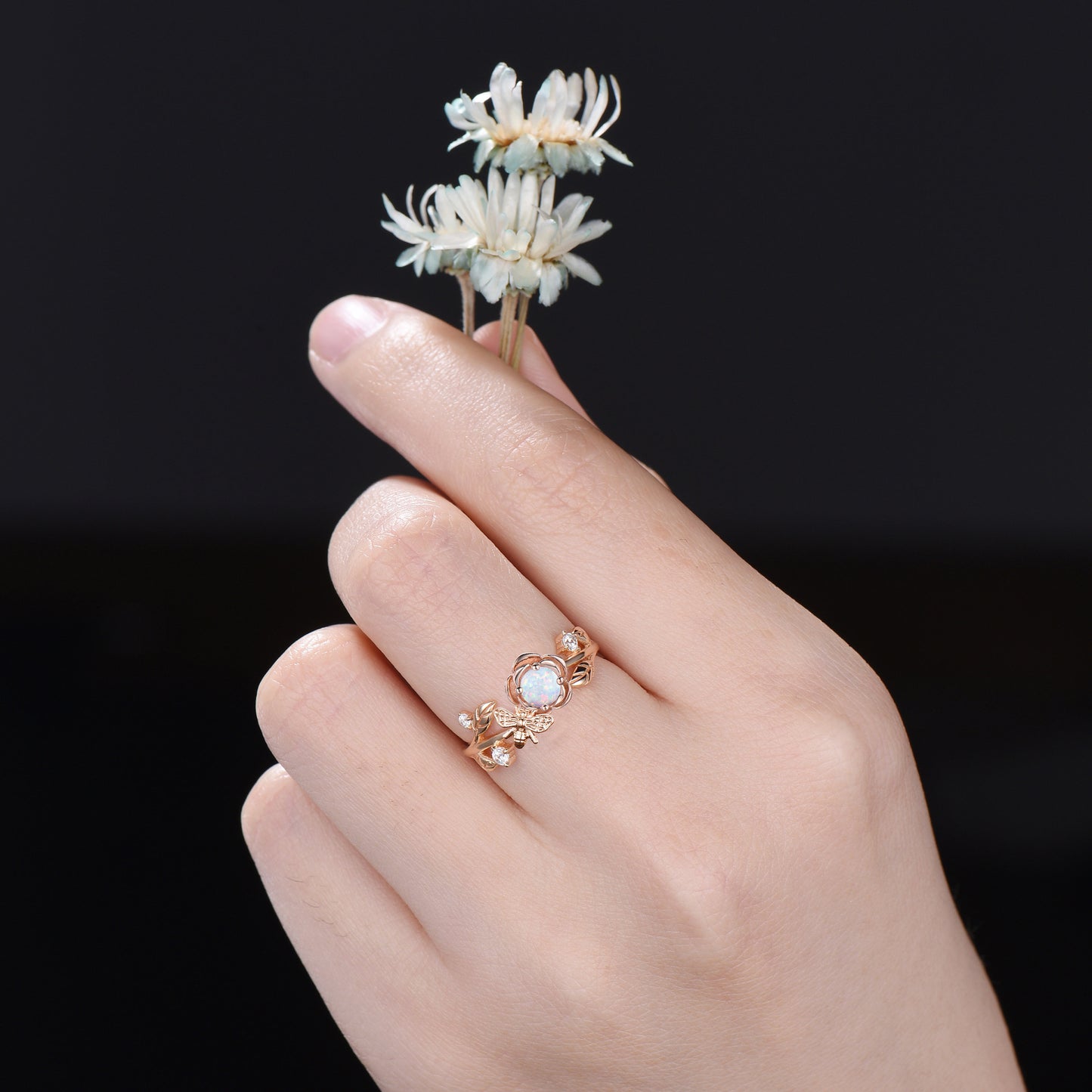 Honey Bee Rose Flower Engagement Ring 5mm Round Cut White Opal Engagement Ring Nature Inspired Leaf Floral Opal Ring October Birthstone Gift