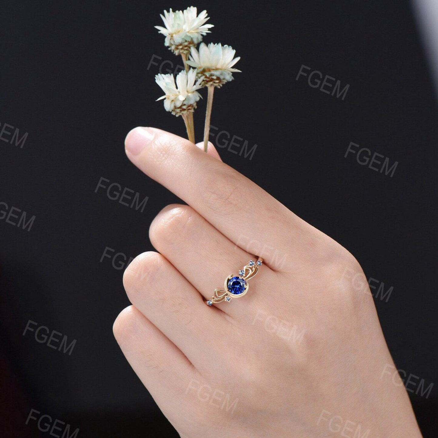 Sailor Moon Inspired Round Blue Sapphire Engagement Rings 10K Yellow Gold Bowknot Promise Ring Cluster Alexandrite Moon Star Wedding Rings