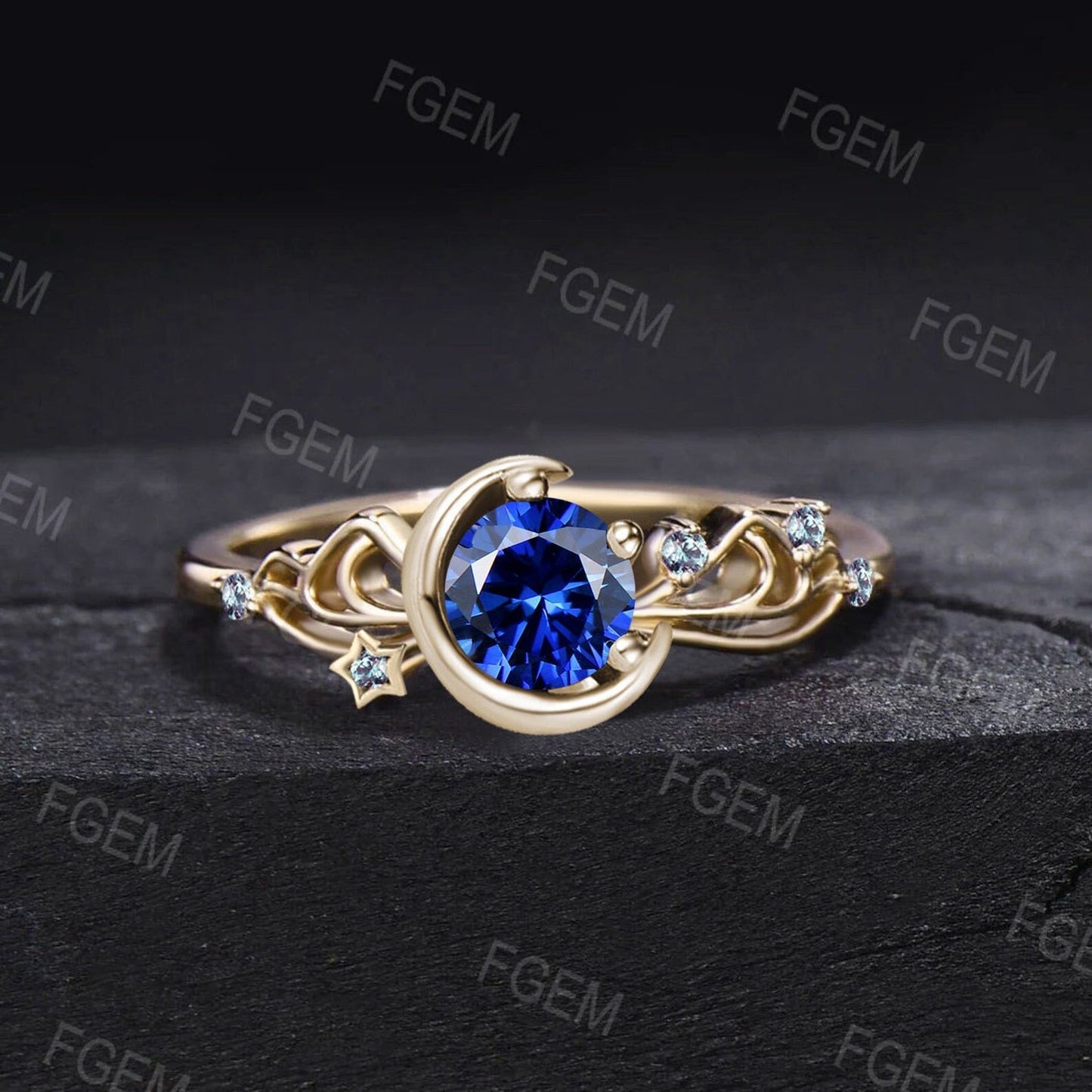 Sailor Moon Inspired Round Blue Sapphire Engagement Rings 10K Yellow Gold Bowknot Promise Ring Cluster Alexandrite Moon Star Wedding Rings