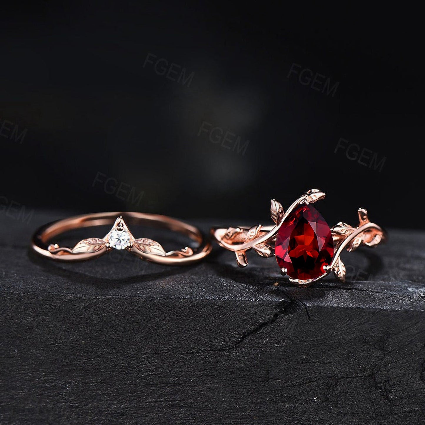 1.25ct Pear Natural Garnet Engagement Ring Red Gemstone Jewelry 10K/14K/18K Rose Gold Twig Leaf Garnet Bridal Set January Birthstone Gifts