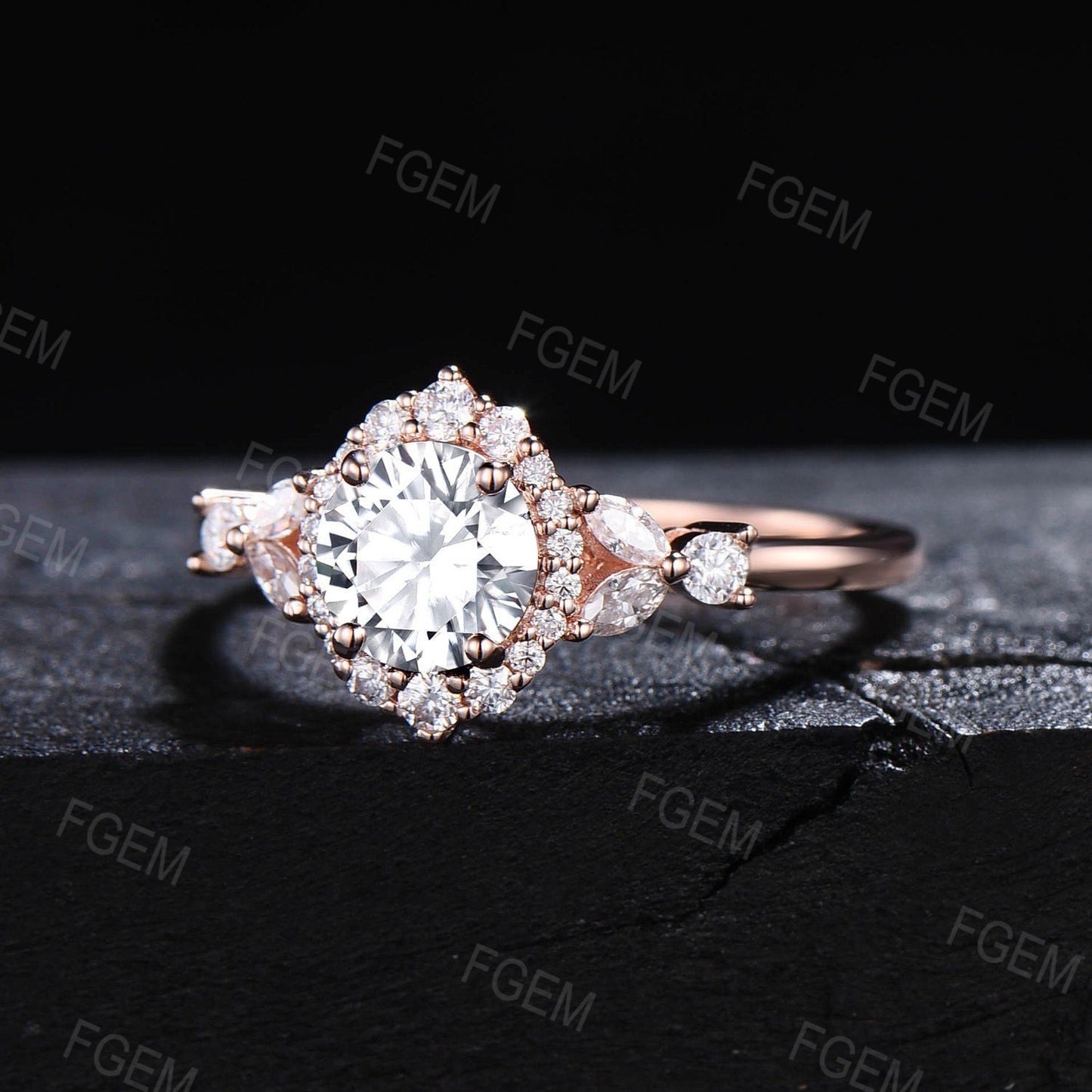 Moissanite Diamond Halo Wedding Ring Cluster Engagement Ring Unique Flower Design Round Moissanite Diamond Jewelry Vintage Anniversary Gift