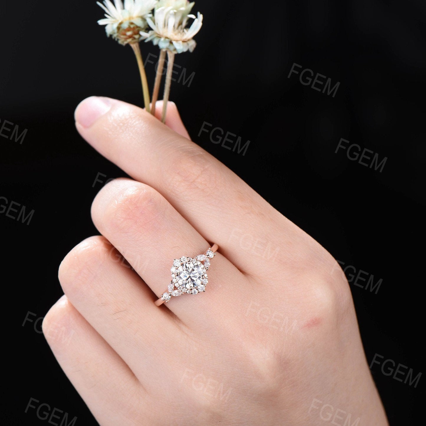 Moissanite Diamond Halo Wedding Ring Cluster Engagement Ring Unique Flower Design Round Moissanite Diamond Jewelry Vintage Anniversary Gift