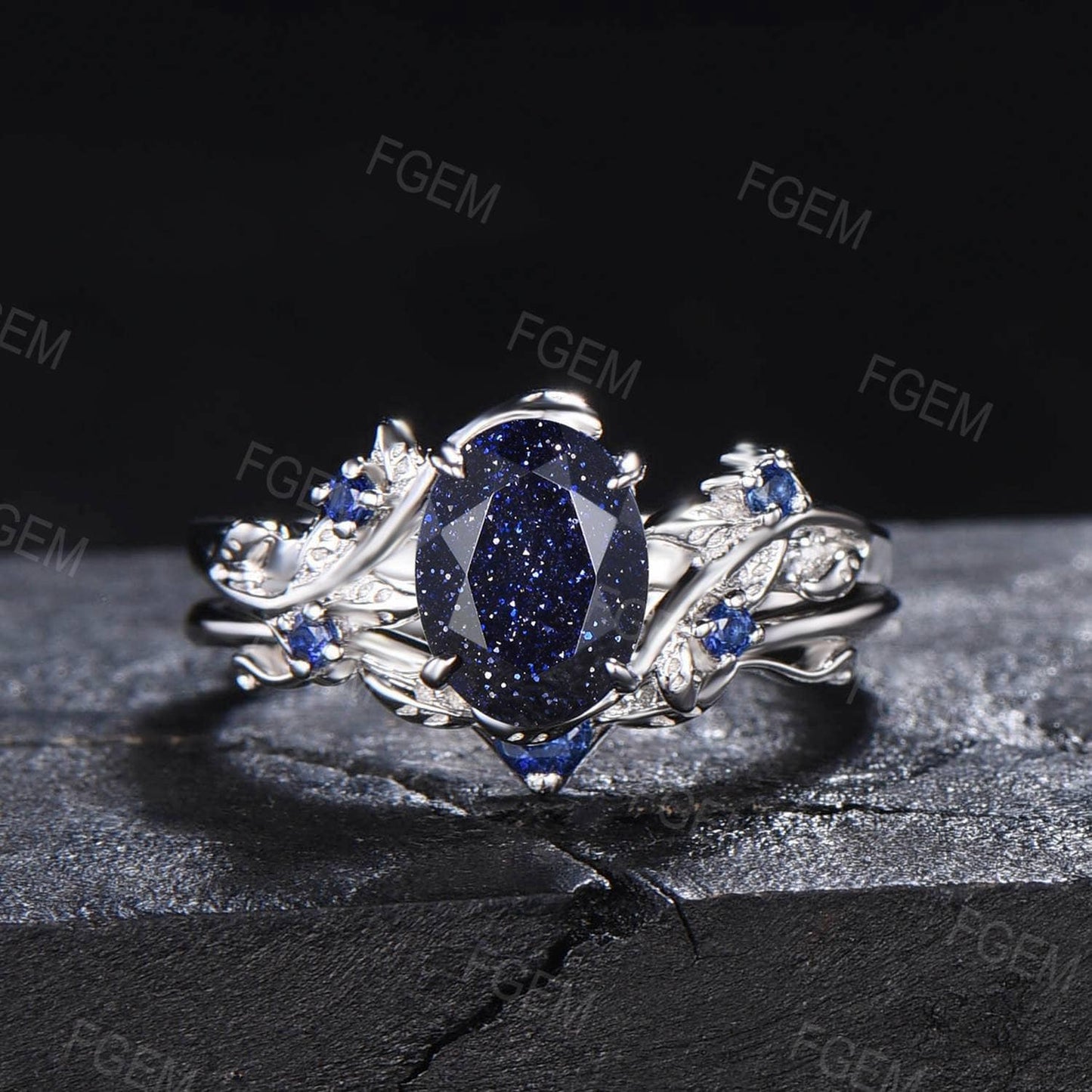 Nature Inspired Starry Sky Galaxy Blue Sandstone Engagement Ring Set Branch Leaf Wedding Band Cluster Black Ring Blue Goldstone Bridal Set