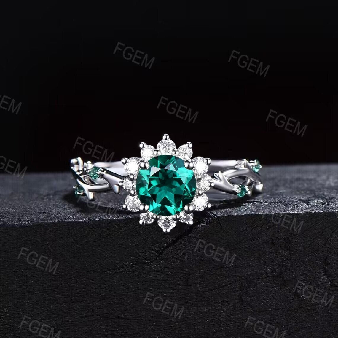Sunflower Emerald Engagement Ring Round Green Emerald Twig Wedding Ring 10K White Gold Nature Inspired Leaf Floral Emerald Ring Promise Gift