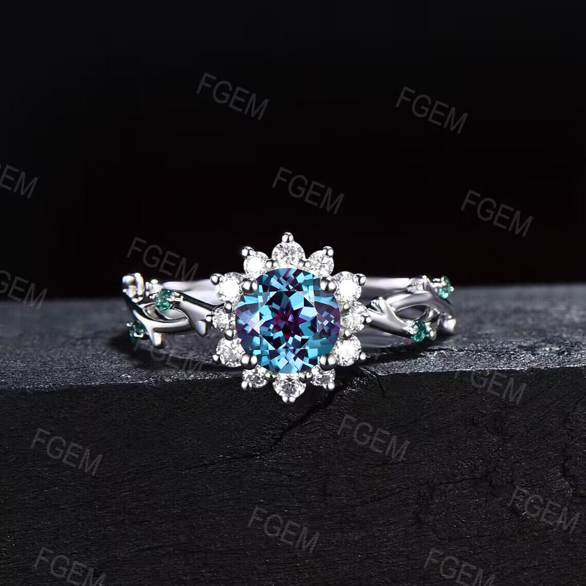 Sunflower Engagement Ring Round Color-Change Alexandrite Twig Wedding Ring 10K White Gold Nature Inspired Leaf Floral Cluster Emerald Rings
