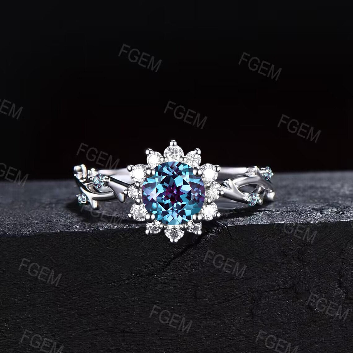Sunflower Engagement Ring Round Color-Change Alexandrite Twig Wedding Ring 10K White Gold Nature Inspired Leaf Floral Cluster Emerald Rings